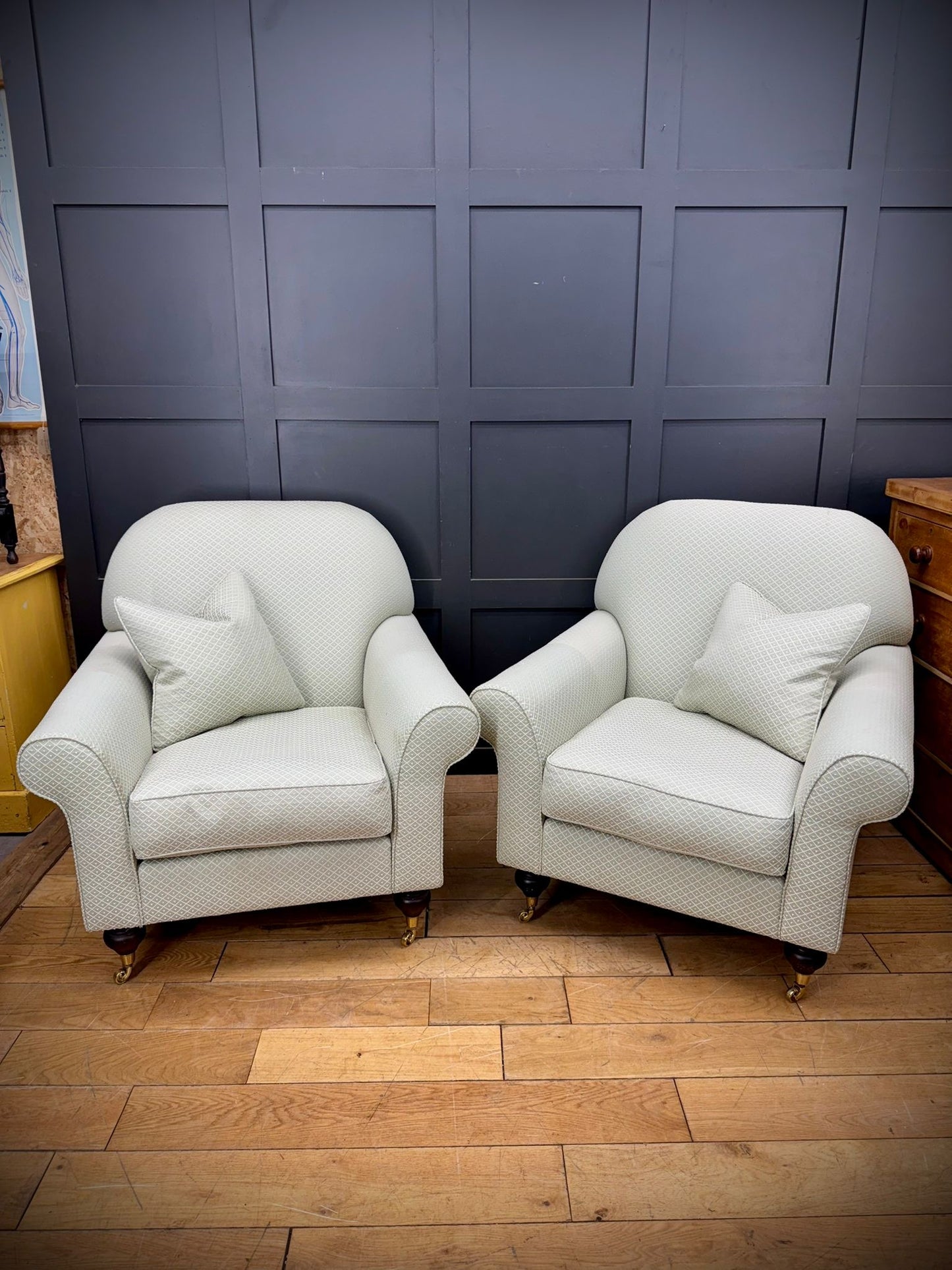 Pair of Upholstered Armchairs By Wesley Barrell– Brass Castors /Lounge Chairs