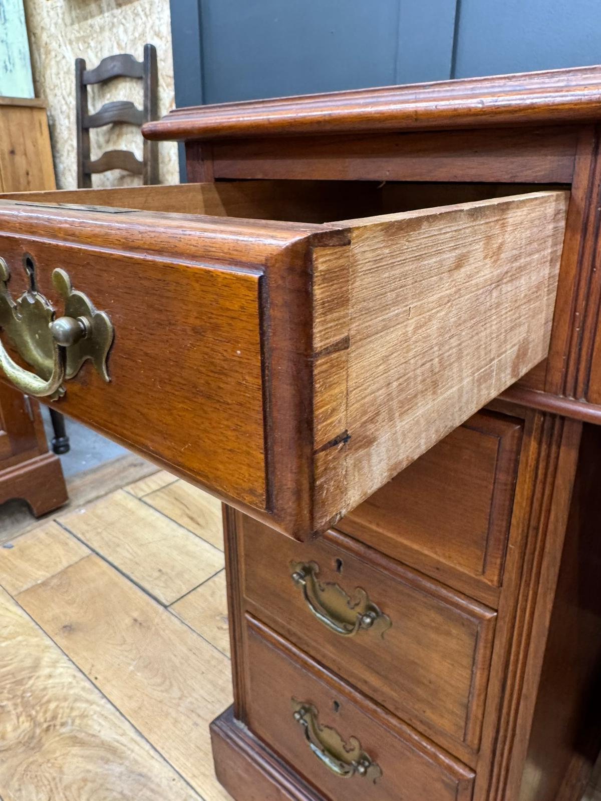 Vintage Walnut Pedestal Desk Leather Top – Antique Style Writing Table 9 Drawers