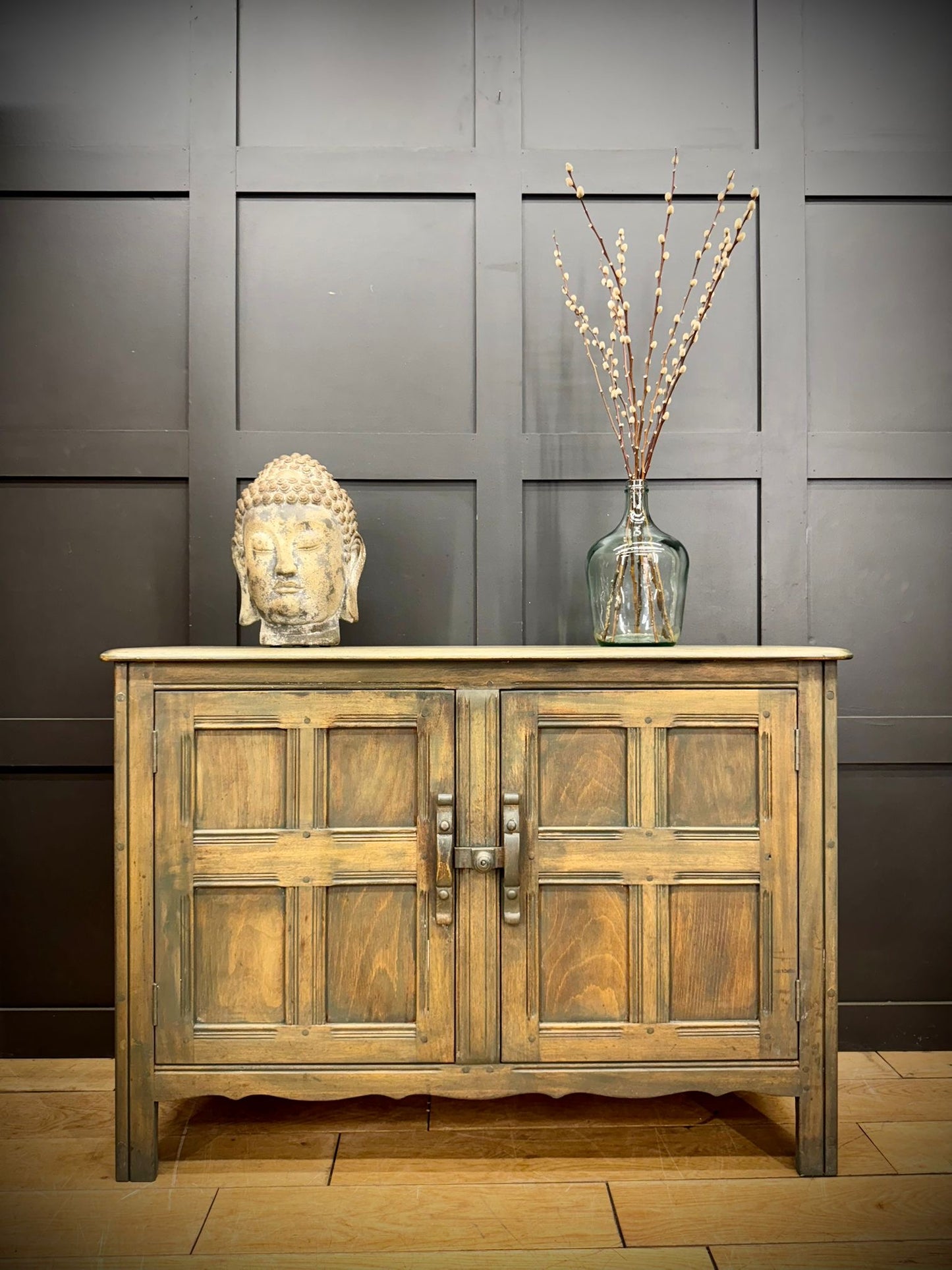 Vintage Ercol Elm Sideboard Cupboard with Drawers – Rustic Green Washed Finish