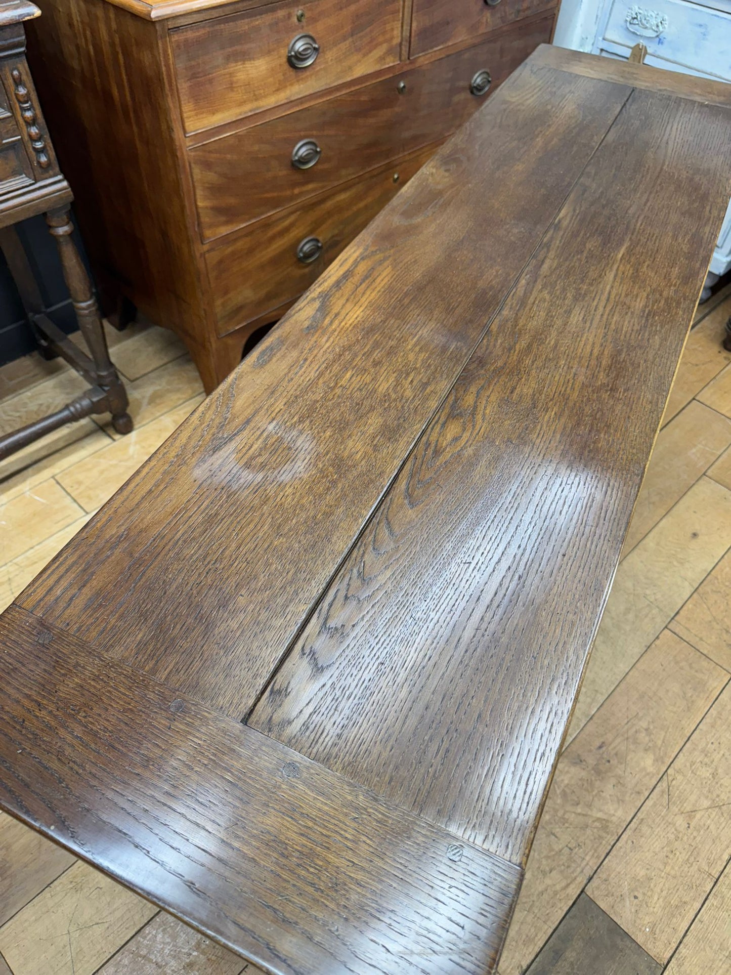 Large Vintage Oak Console Table – 3 Drawer Rustic Farmhouse Hall Sideboard