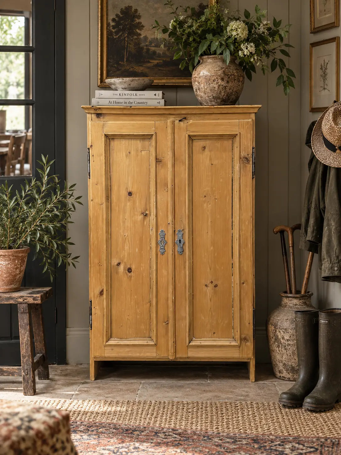 Antique Rustic Pine Double Door Cupboard Kitchen Hallway Storage Cabinet