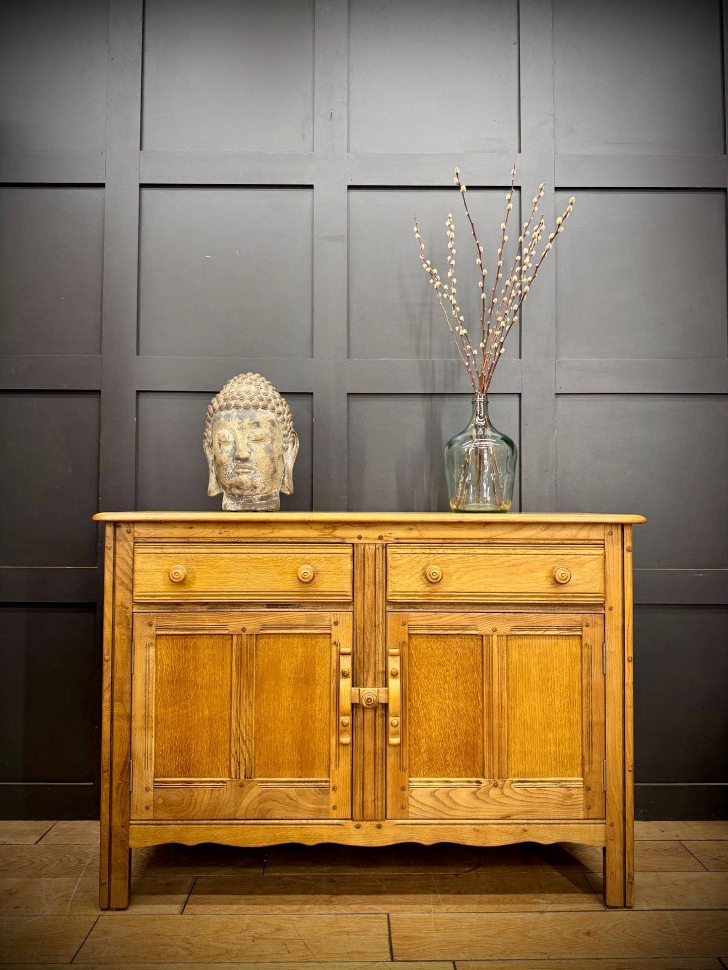 Vintage Ercol Elm Sideboard Cupboard with Drawers – Rustic Waxed Finish