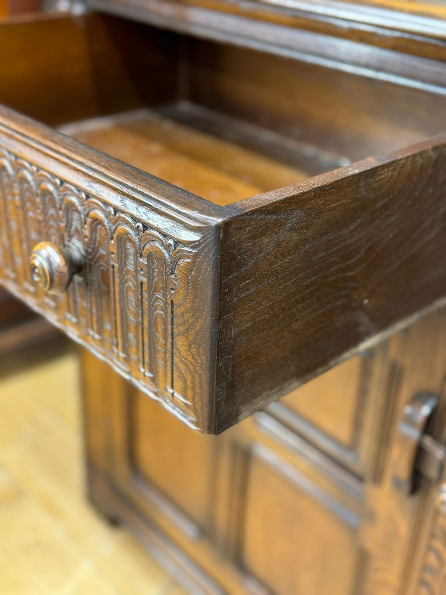 Ercol Old Colonial Large Sideboard – Oak, Carved Panel, Vintage Buffet Cupboard
