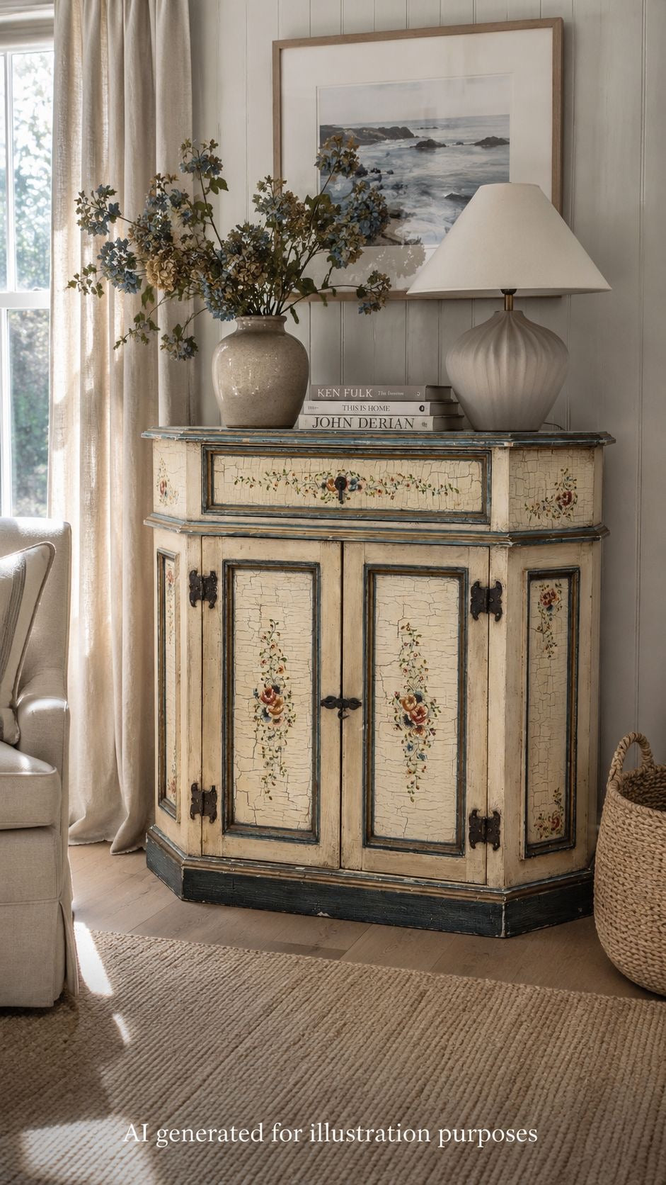Vintage French Cream Floral Painted Side Cupboard Cabinet Sideboard Drawer Doors