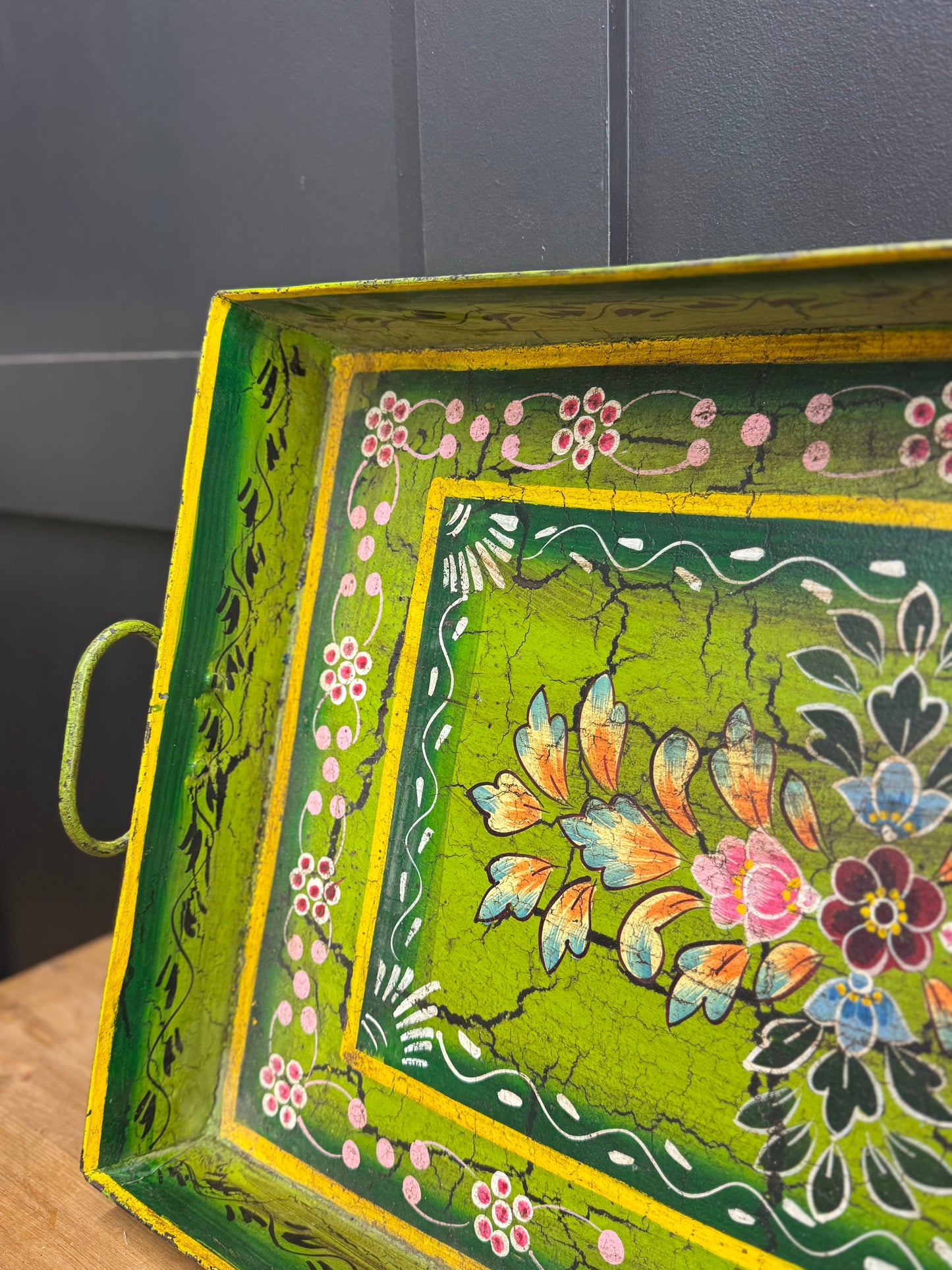 Green Metal Serving Tray / Painted Indian Charcuterie Cheese Antipasto Platter