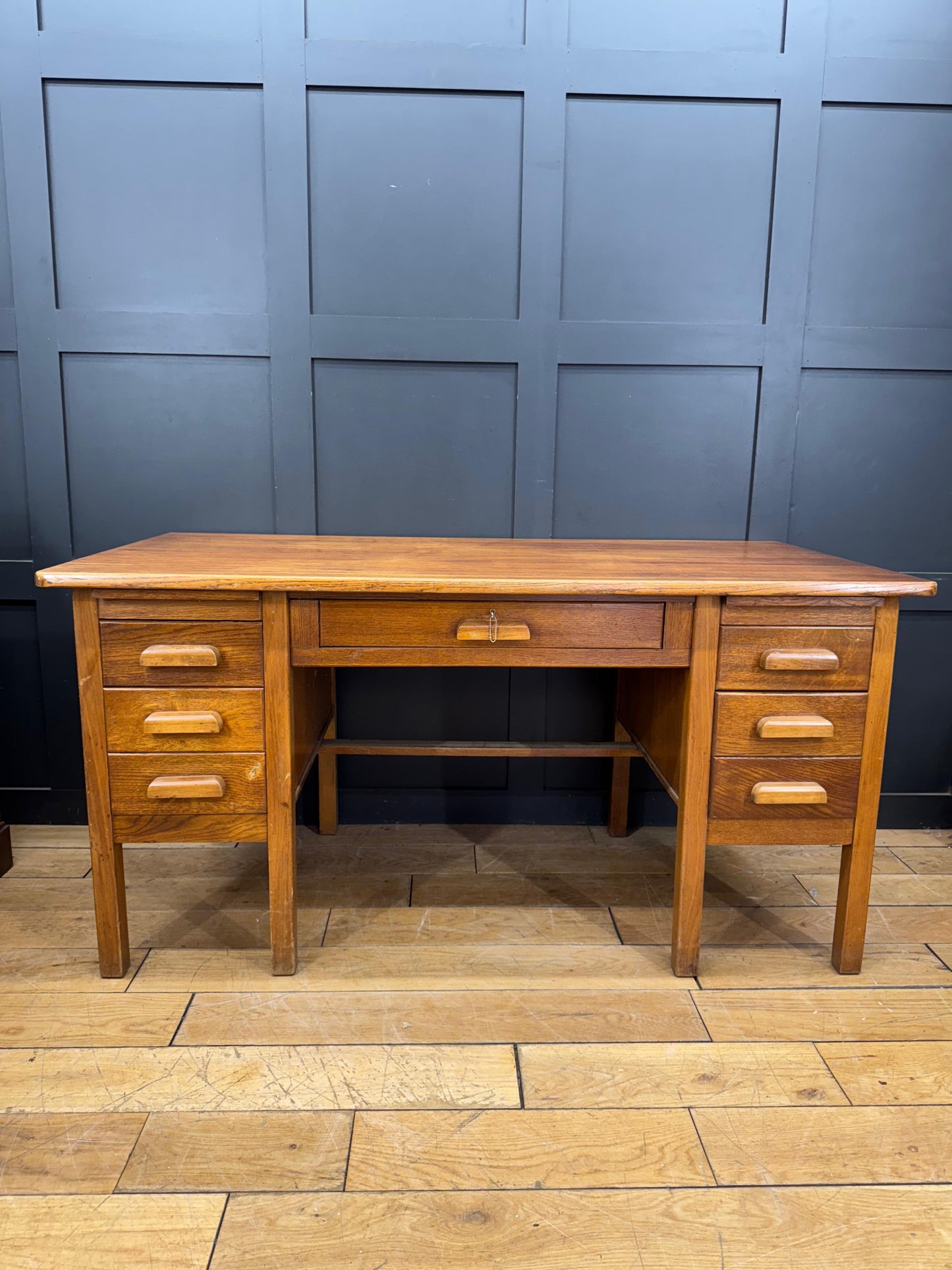 Vintage Oak Twin Pedestal Office Desk / Retro Office Furniture
