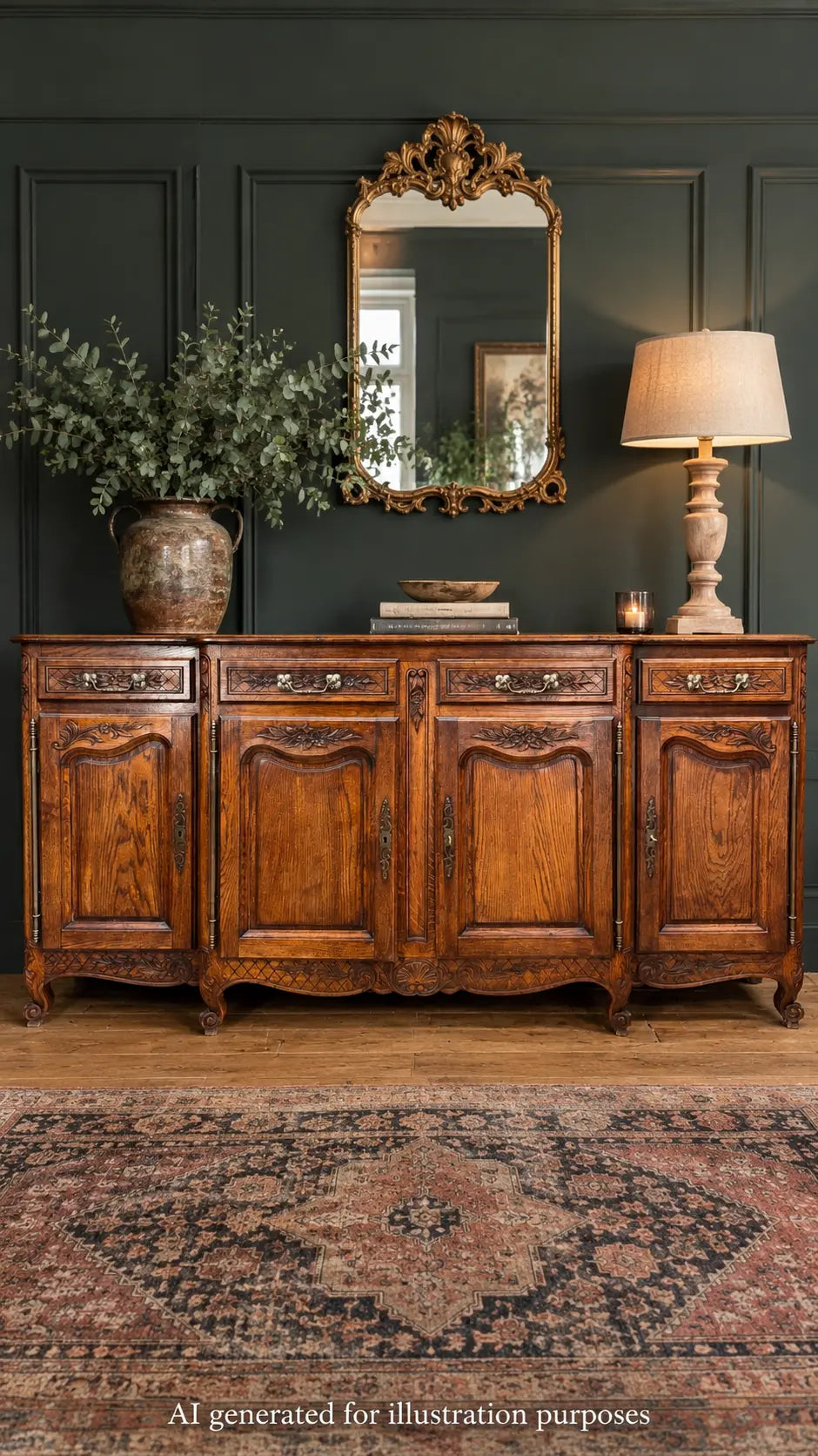 French Provincial Oak Breakfront Sideboard Buffet Cabinet Credenza 4 Door Large