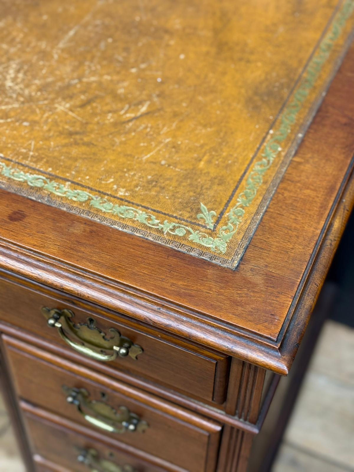 Vintage Walnut Pedestal Desk Leather Top – Antique Style Writing Table 9 Drawers