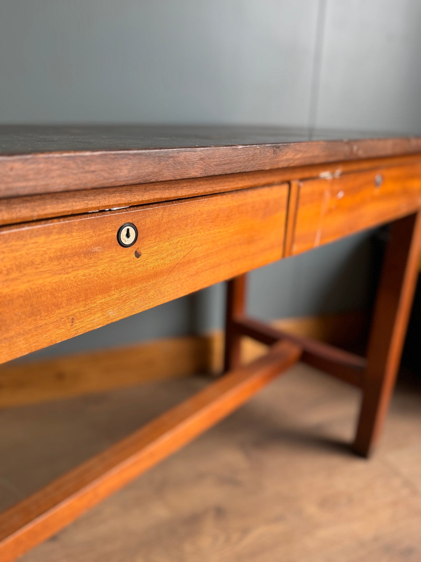 Vintage School Lab Bench Iroko Top Beech Frame Kitchen Island Table Desk drawers