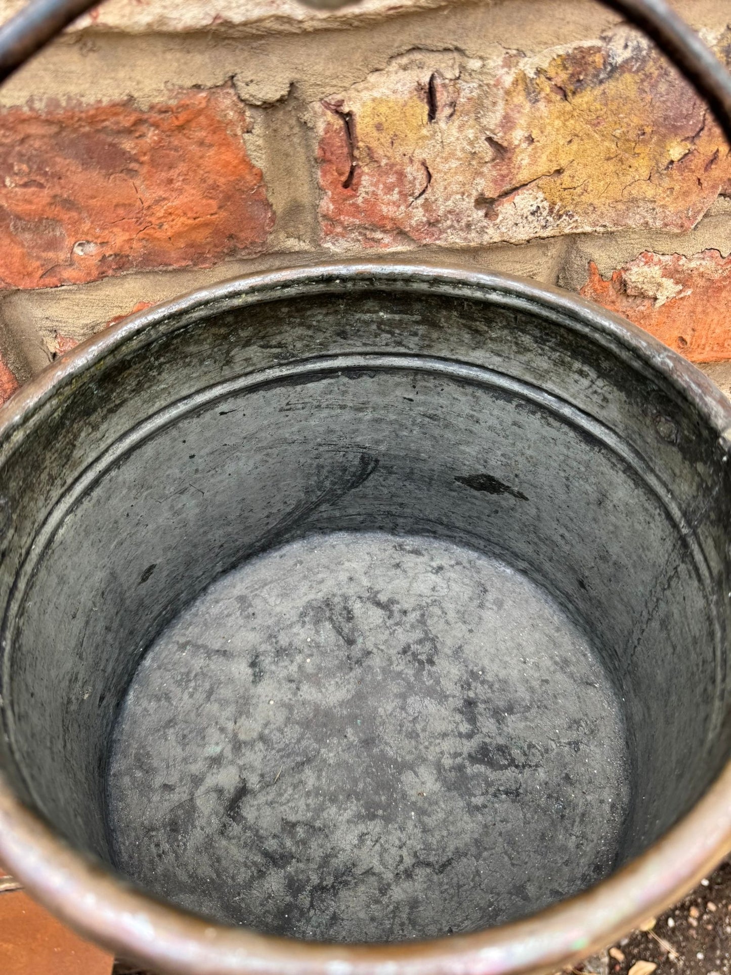 Antique Copper Cauldron Pot with Riveted Iron Handle & Dovetail Planter Pot B