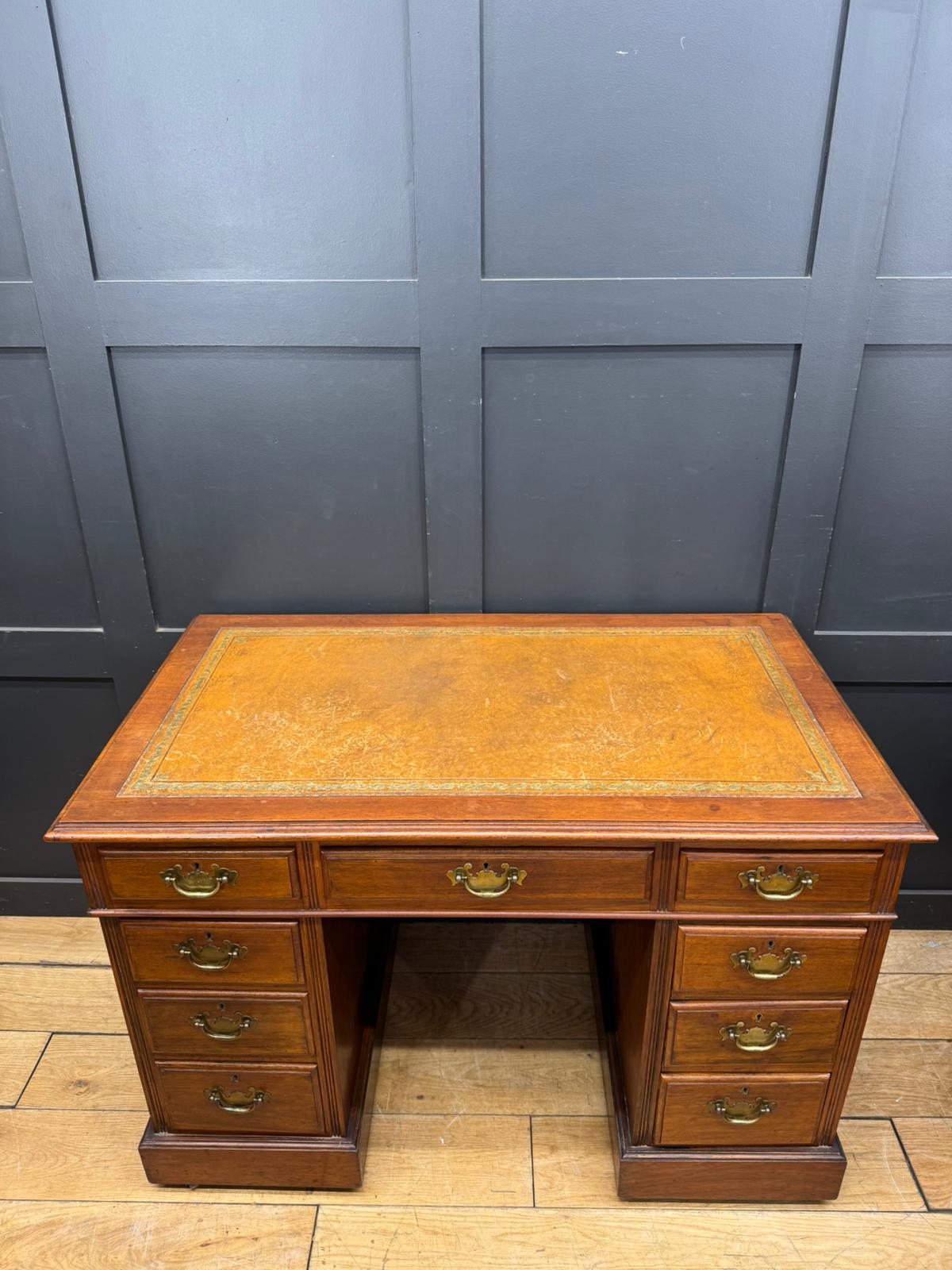 Vintage Walnut Pedestal Desk Leather Top – Antique Style Writing Table 9 Drawers