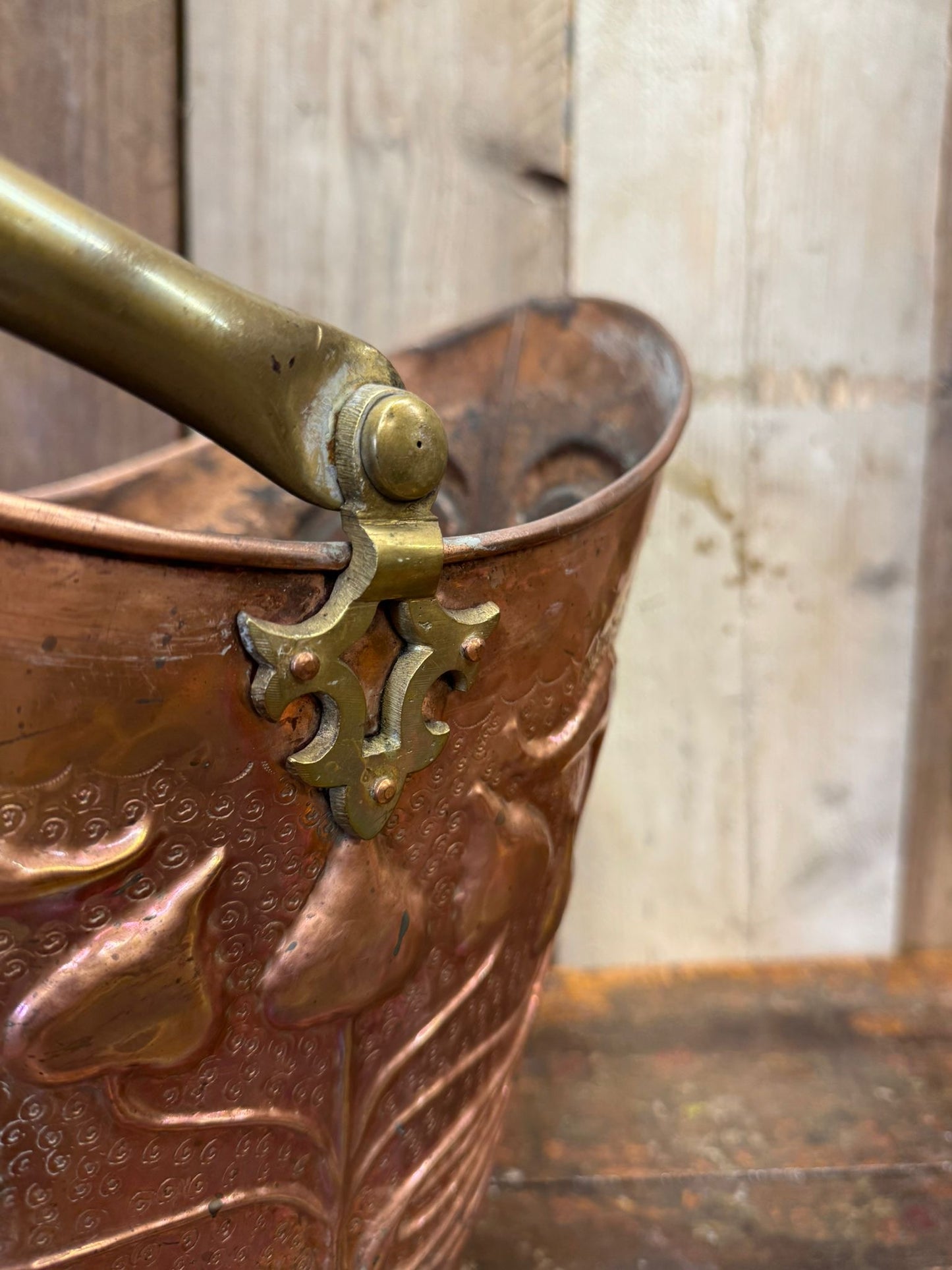Antique Art Nouveau Embossed Copper Coal Scuttle Bucket with Brass Handle 39.5cm