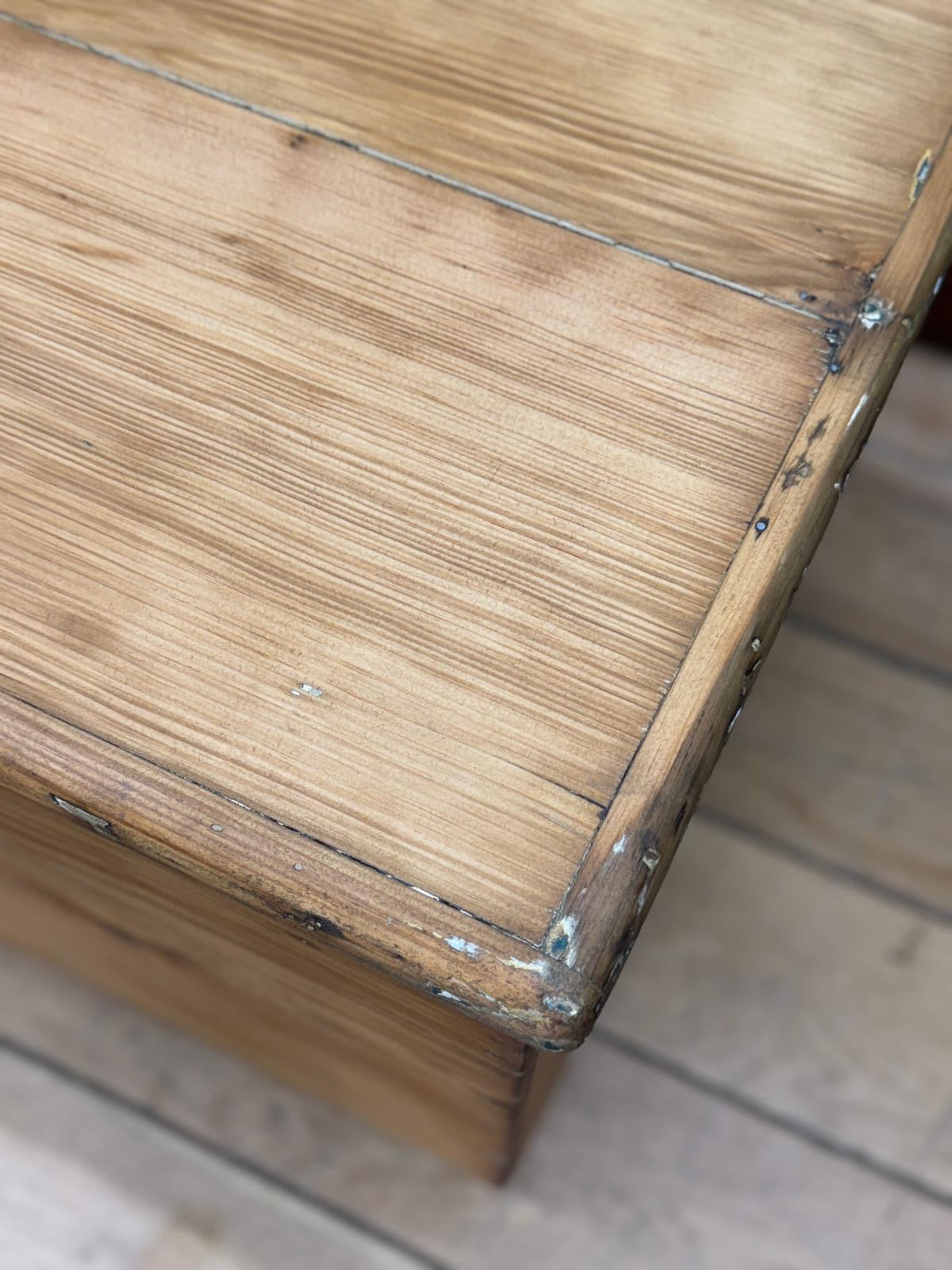 Antique Pine Chest on Wheels – 19thC Storage Trunk Blanket Box Coffee Table