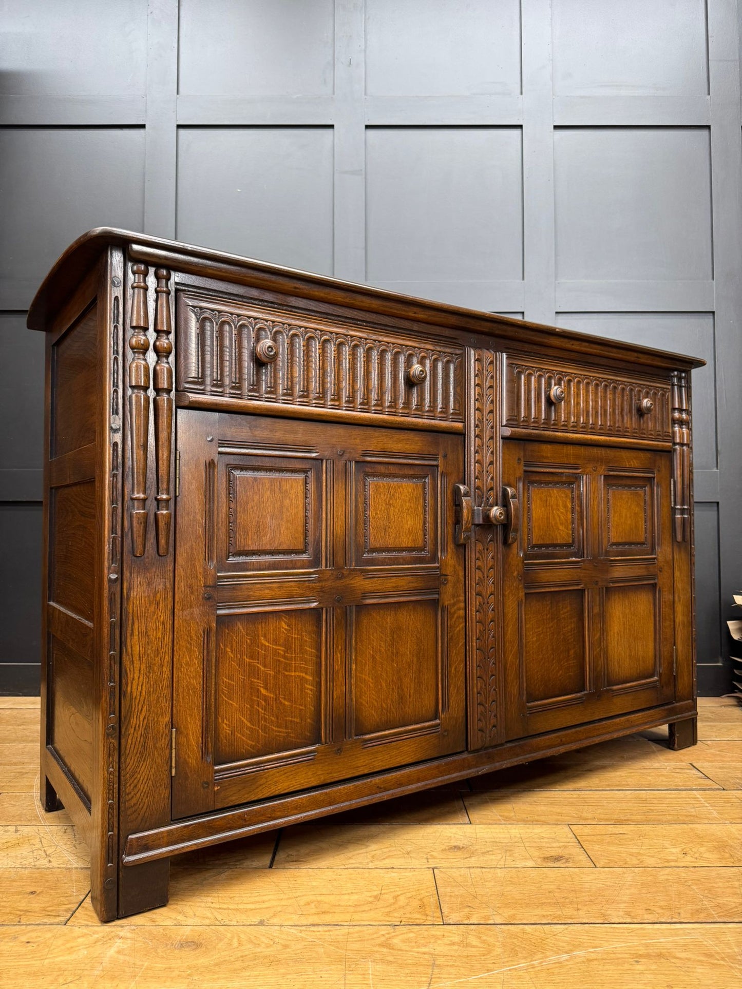 Ercol Old Colonial Large Sideboard – Oak, Carved Panel, Vintage Buffet Cupboard