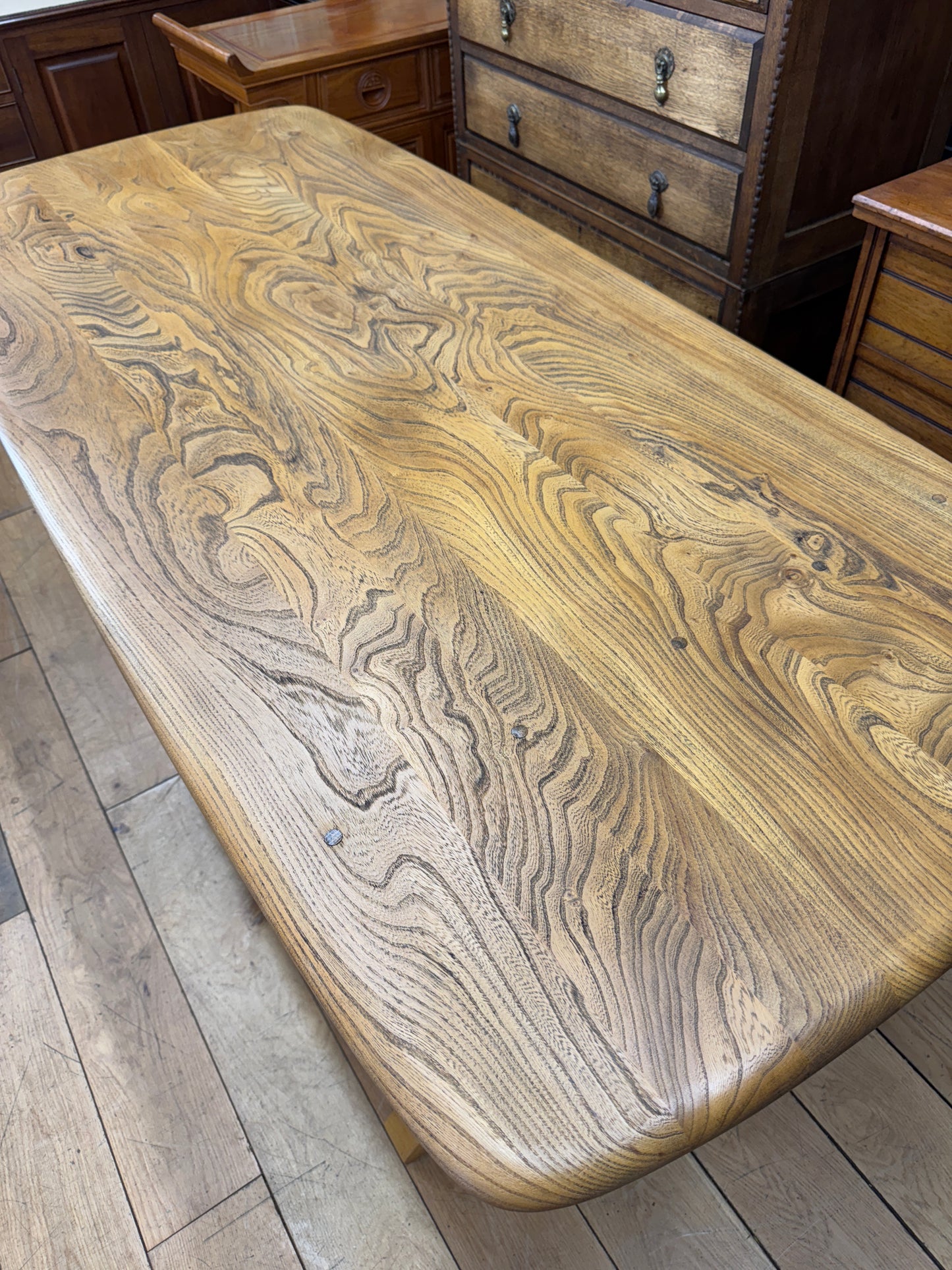 Vintage Ercol Refectory Elm Plank Top Kitchen Dining Table / Mid Century