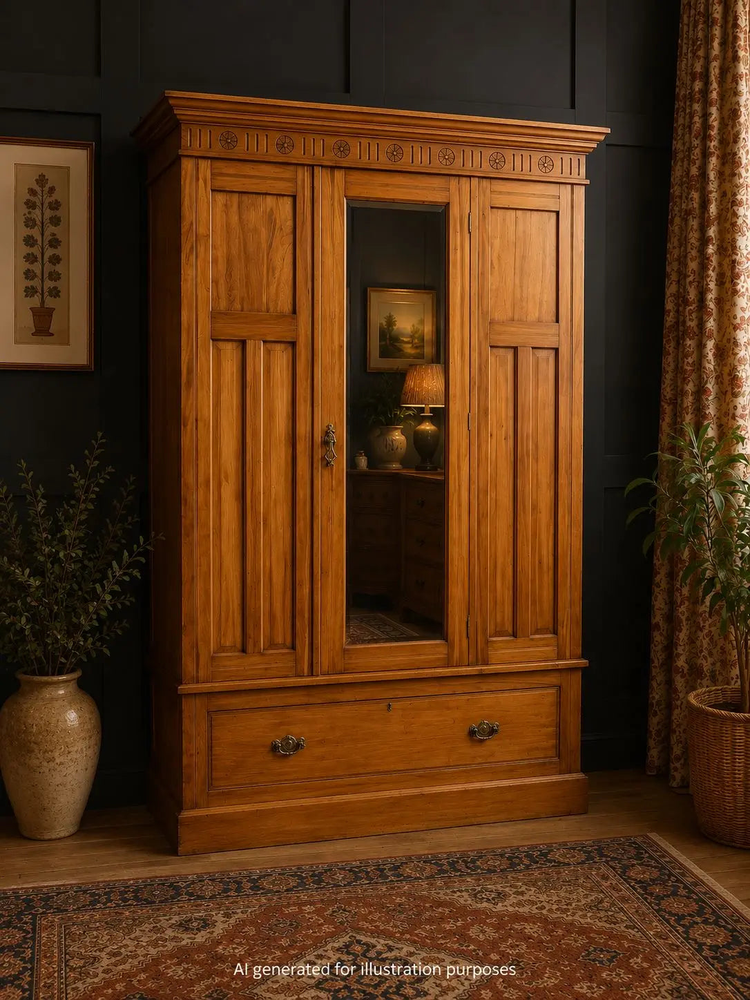 Antique Satinwood Single Wardrobe Mirrored Door Bedroom Storage Drawer RUSTIC WAREHOUSE NORFOLK