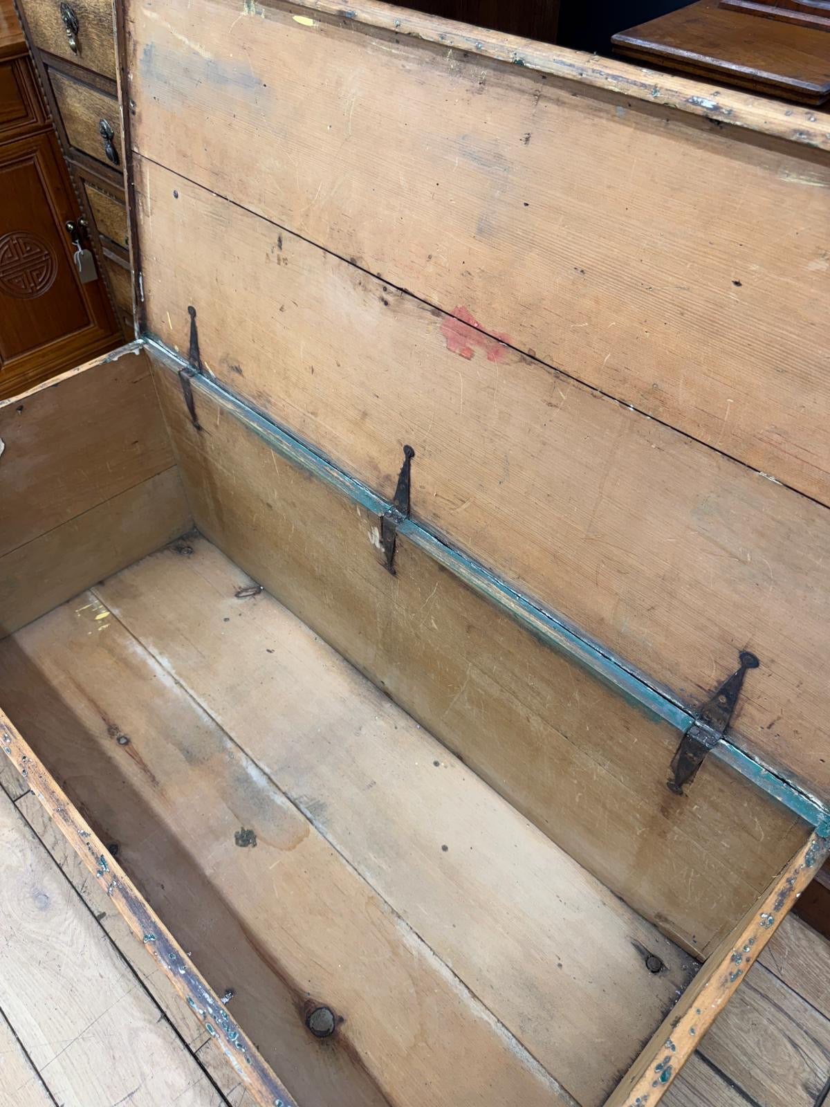 Antique Pine Chest on Wheels – 19thC Storage Trunk Blanket Box Coffee Table