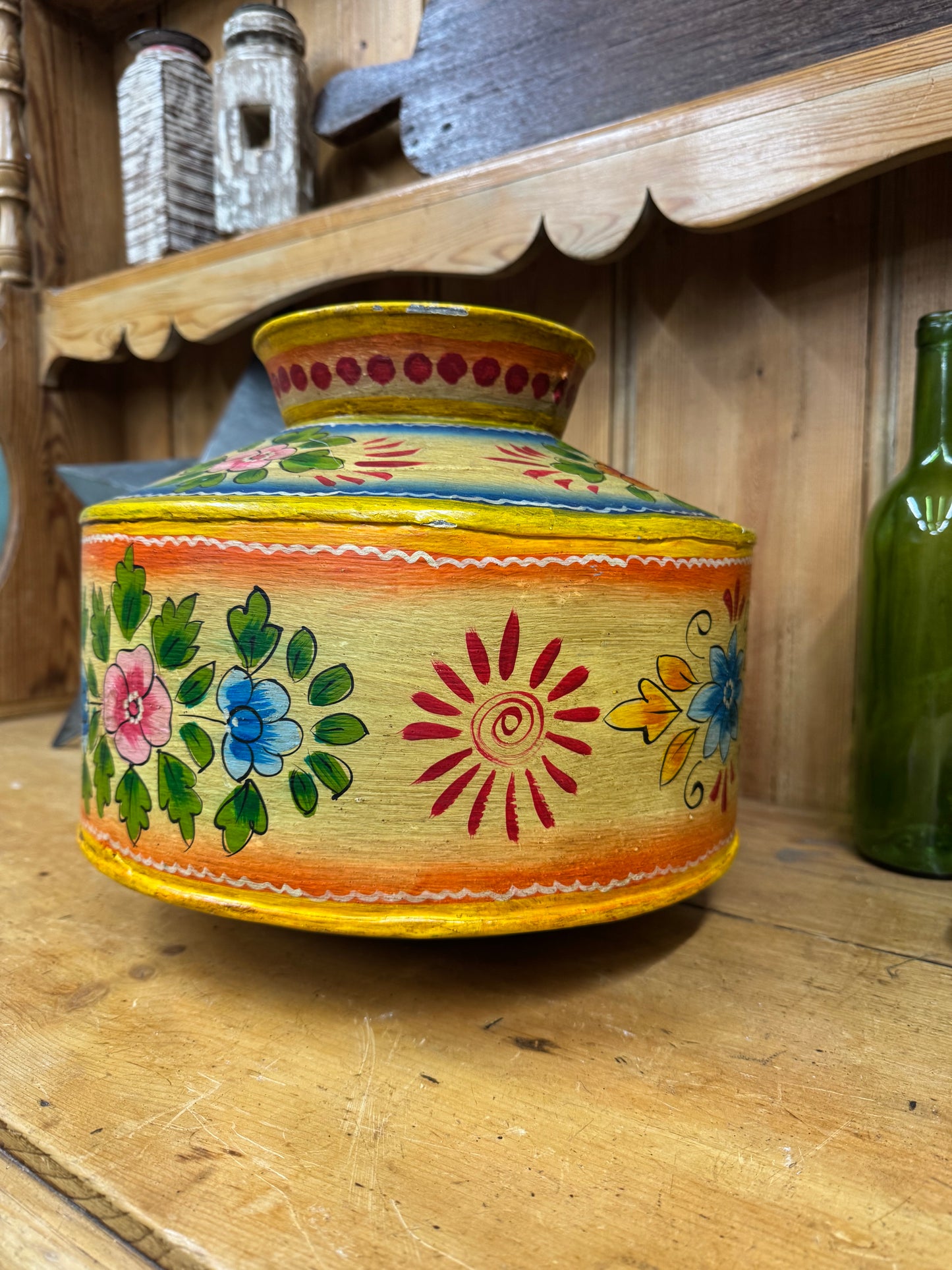 Vintage Painted Indian Water Pot / Decor Handmade Metal Pot / Metal Vase / Narrow Boat / Gypsy / Rustic