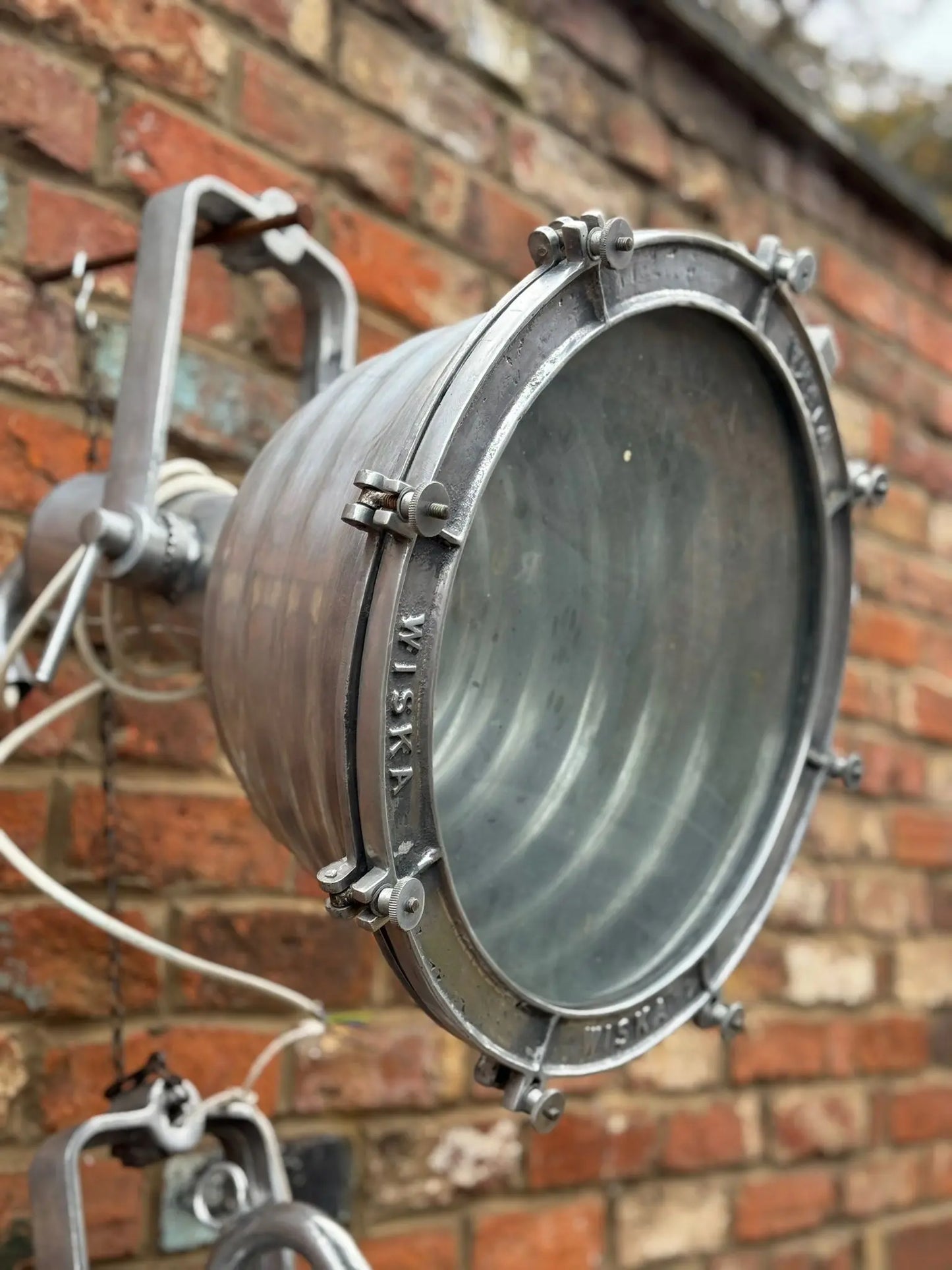 Pair of Vintage WISKA Ship Lights – Polished Aluminium Industrial Lamps RUSTIC WAREHOUSE NORFOLK