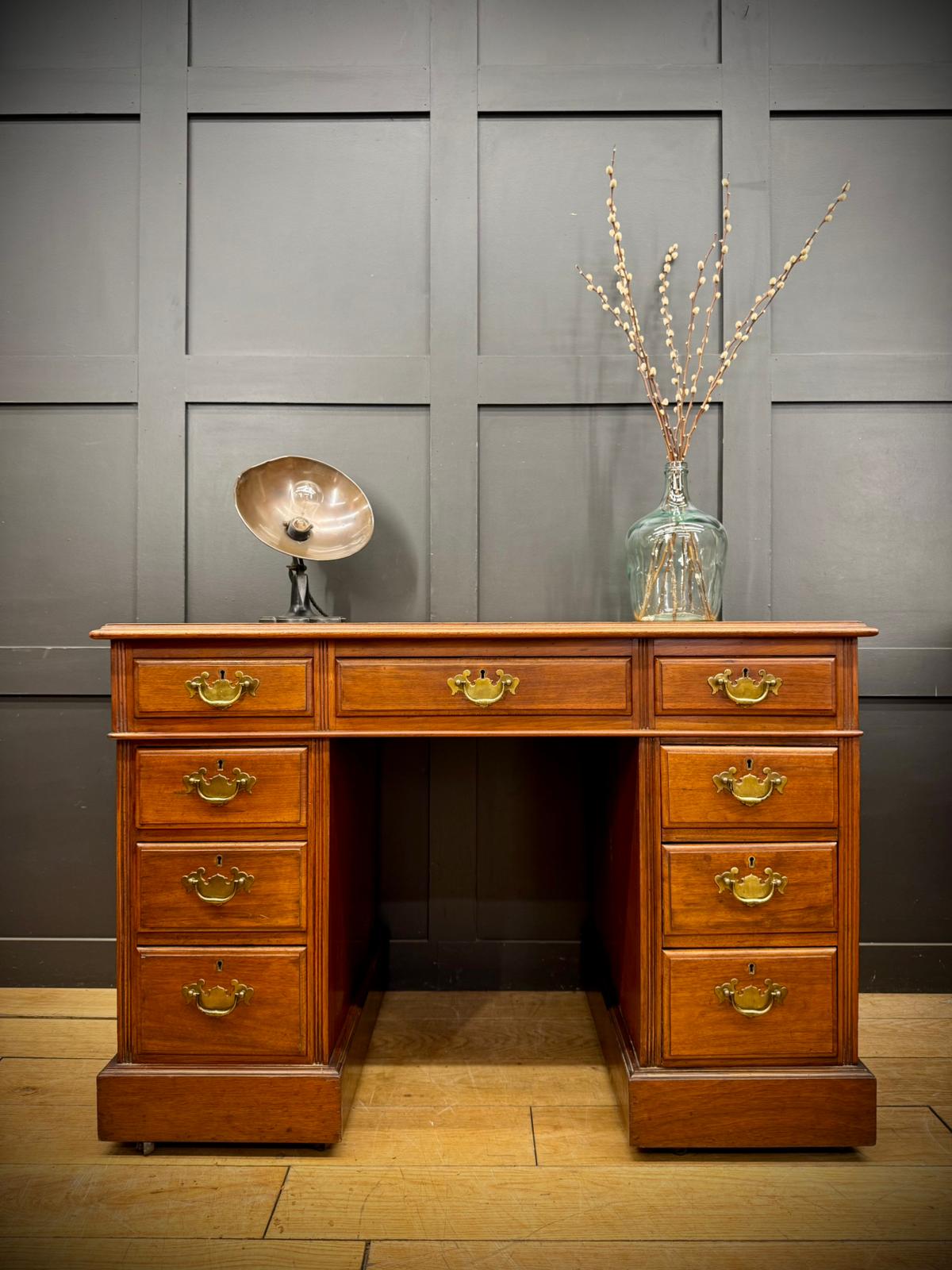 Vintage Walnut Pedestal Desk Leather Top – Antique Style Writing Table 9 Drawers