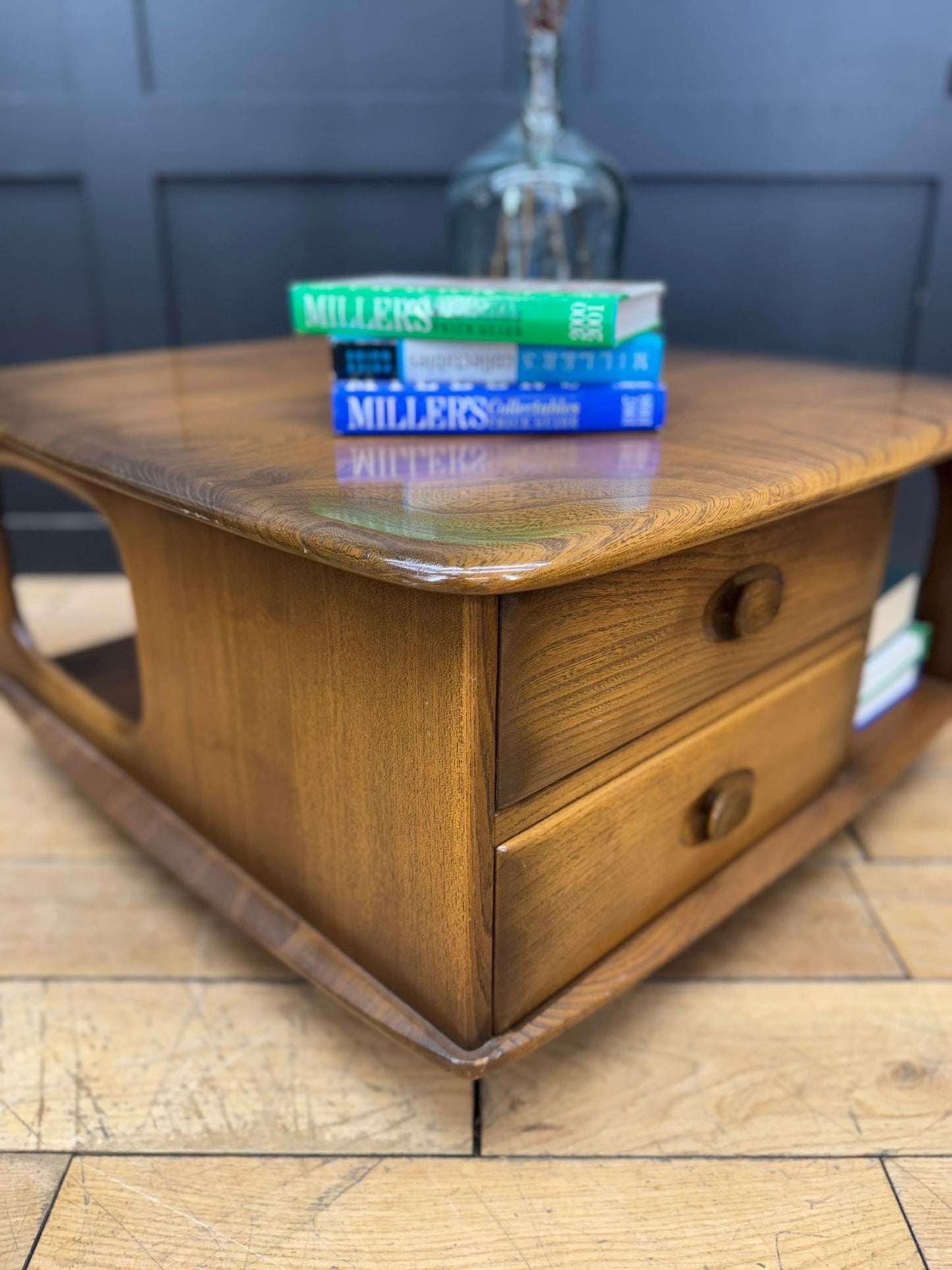 Vintage Ercol Pandora Coffee Table on Castors – 2 Drawers, Mid-Century Design