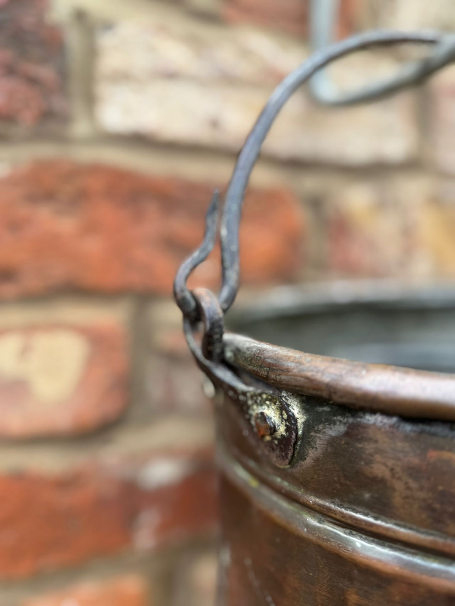 Antique Copper Cauldron Pot with Riveted Iron Handle & Dovetail Planter Pot B