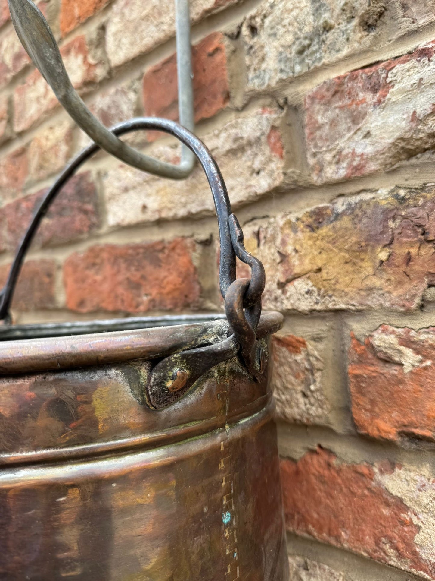 Antique Copper Cauldron Pot with Riveted Iron Handle & Dovetail Planter Pot B