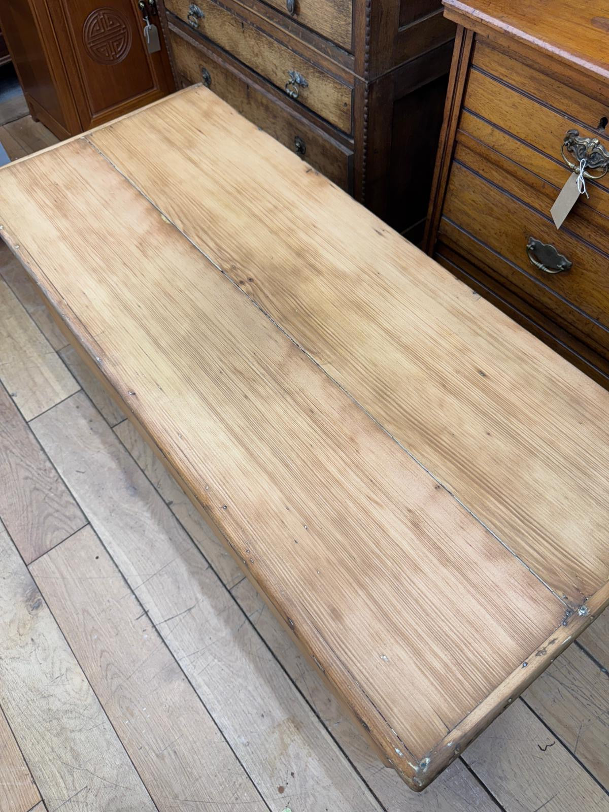 Antique Pine Chest on Wheels – 19thC Storage Trunk Blanket Box Coffee Table