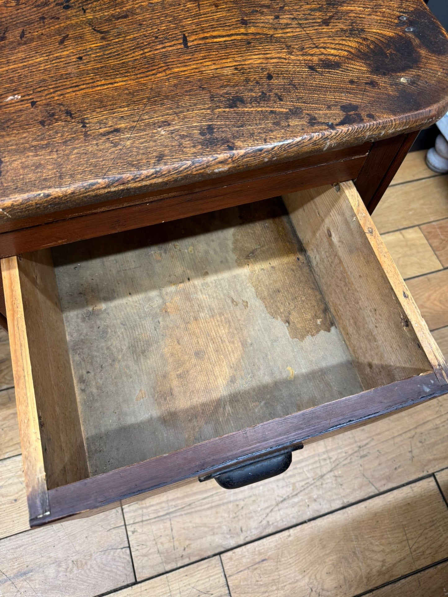 Antique Elm Clerks Desk – Rustic Pine Work Bench / Craft Table / Office Desk