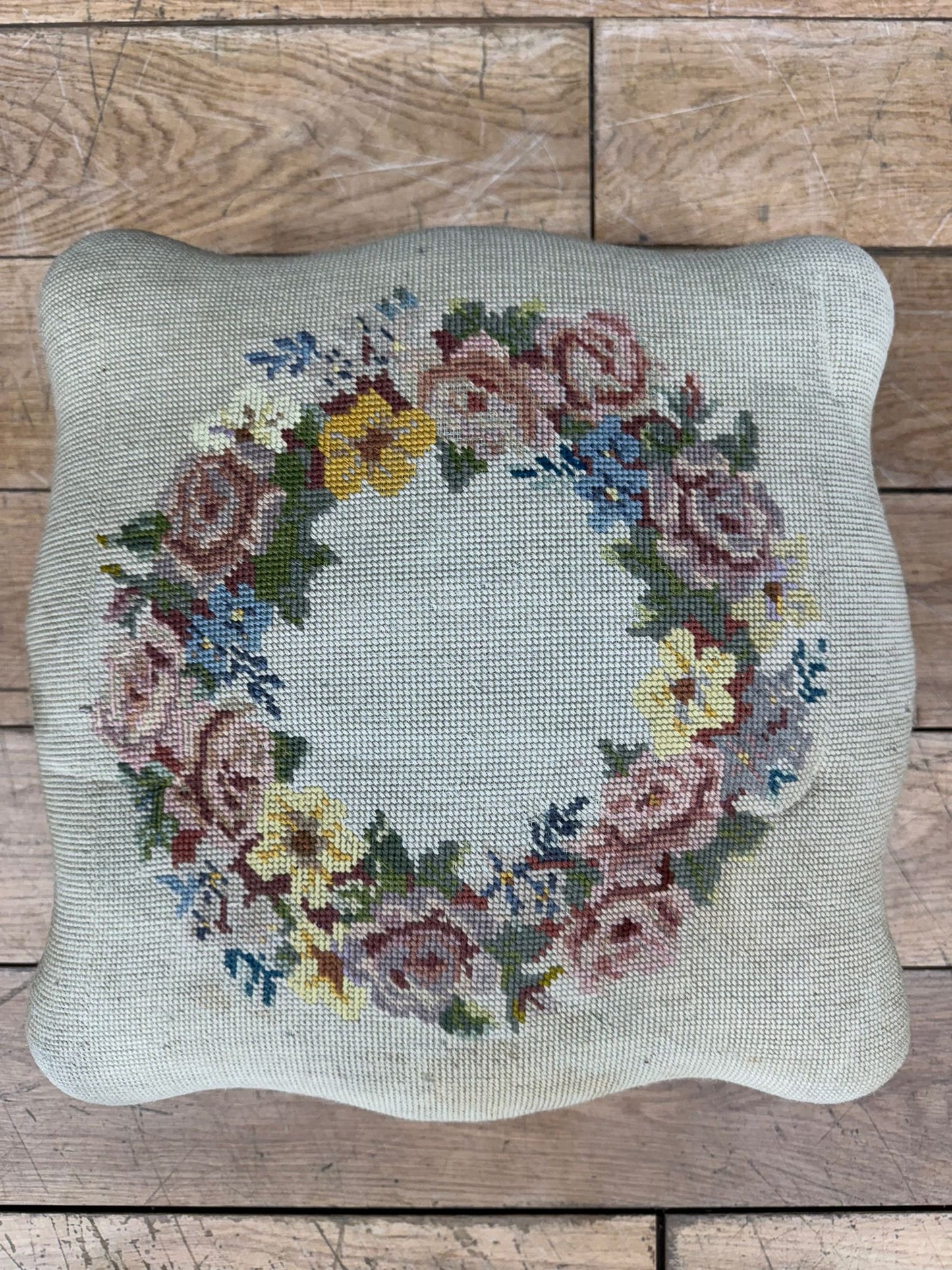 Victorian Walnut Footstool c.1876 – Carved Cabriole Legs & Floral Needlepoint