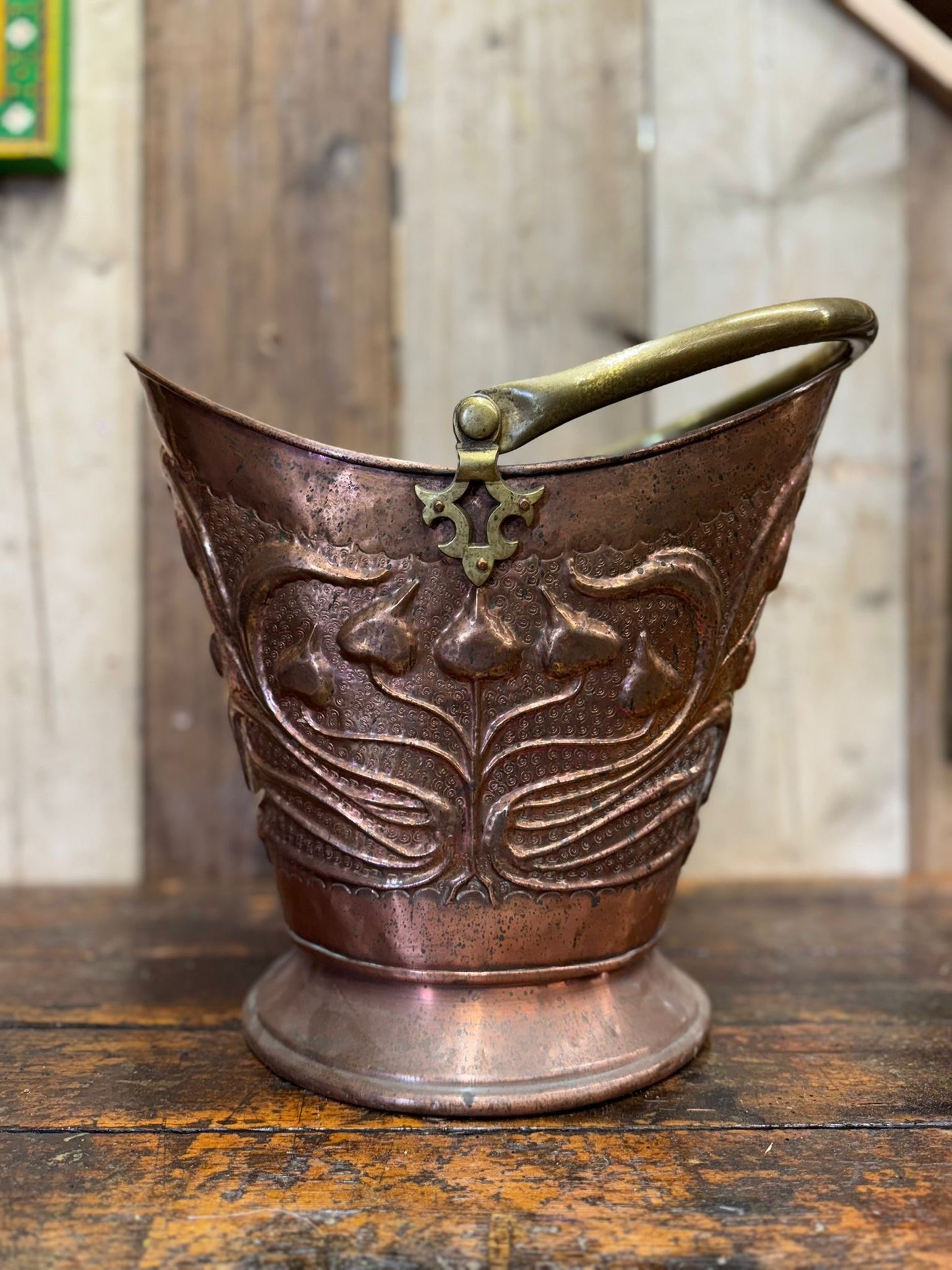 Antique Art Nouveau Embossed Copper Coal Scuttle Bucket with Brass Handle 39.5cm