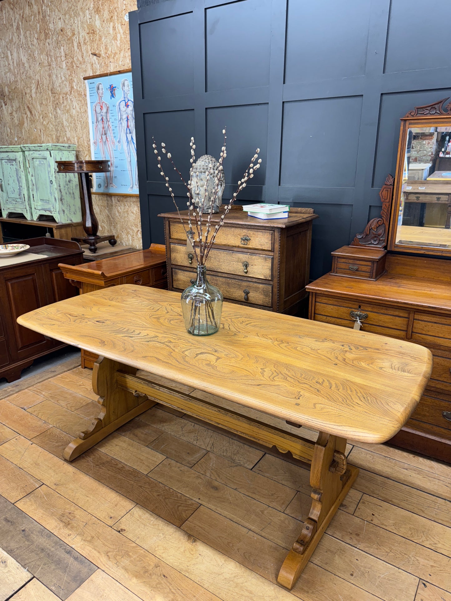 Vintage Ercol Refectory Elm Plank Top Kitchen Dining Table / Mid Century