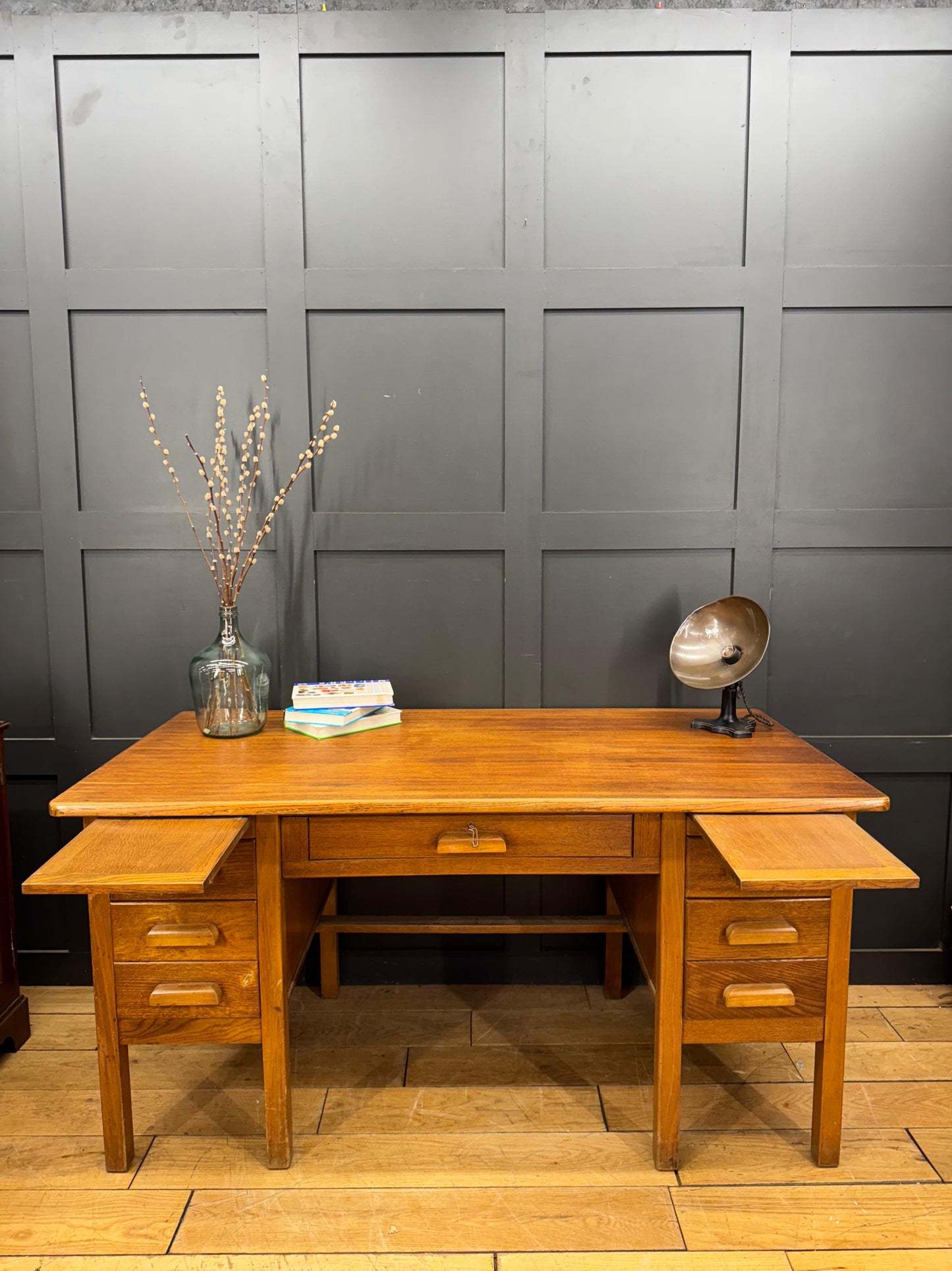 Vintage Oak Twin Pedestal Office Desk / Retro Office Furniture