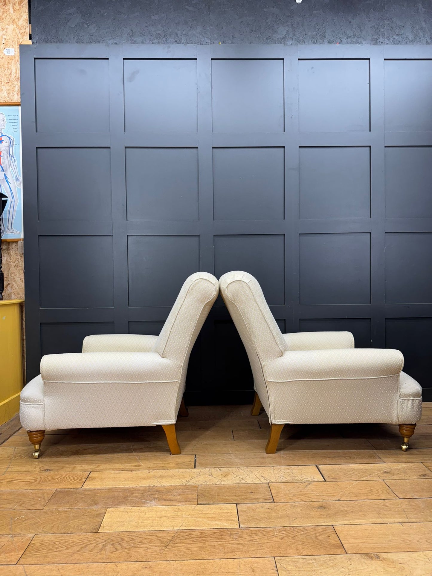 Pair of Contemporary Cream Upholstered Armchairs – Brass Castors /Lounge Chairs