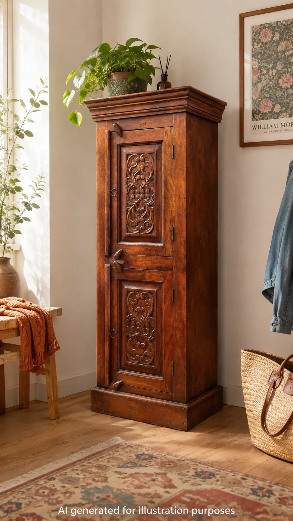 Vintage Indian Style Cupboard Carved Hardwood Storage Cabinet Hallway Bedroom