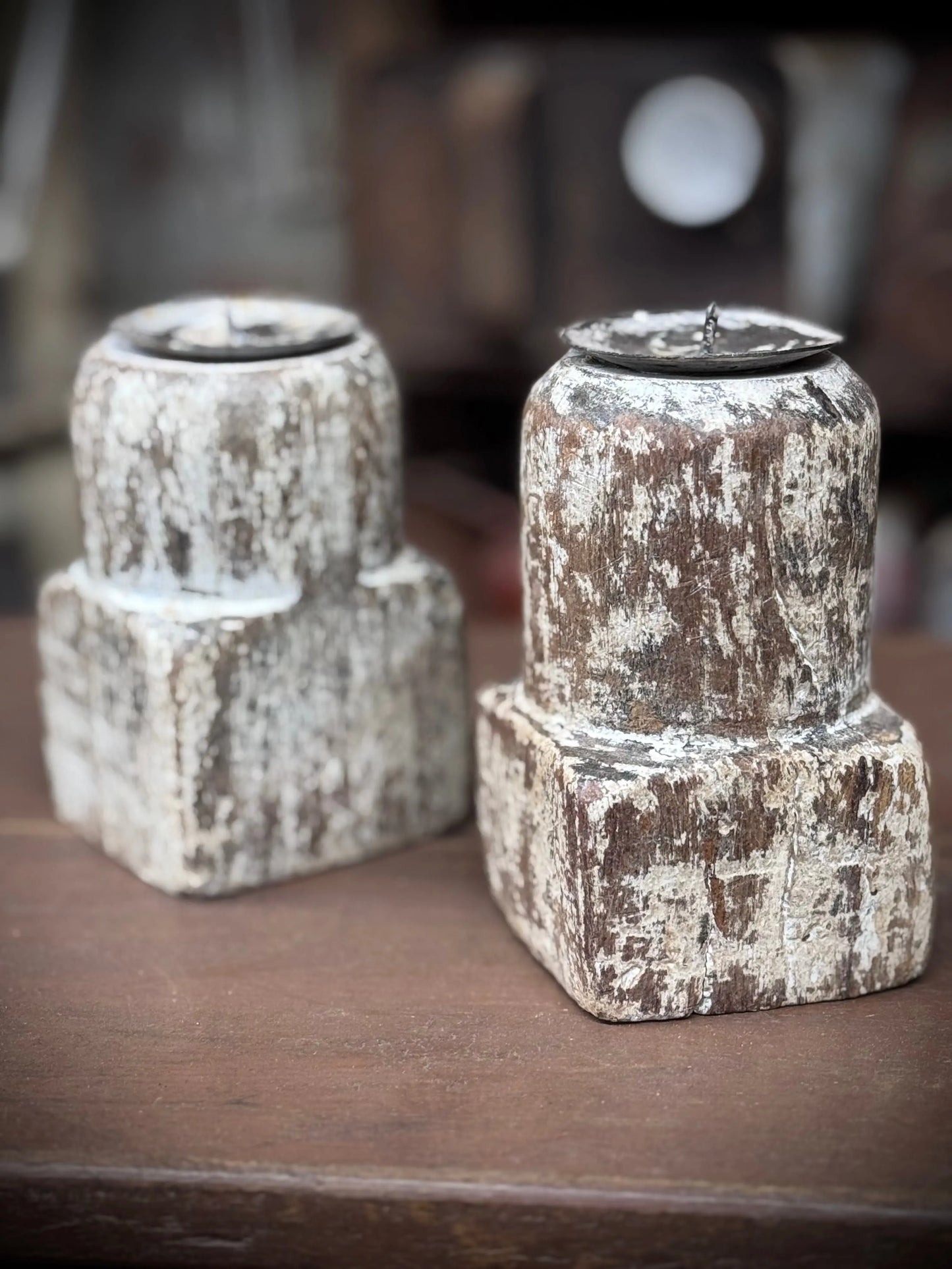 Pair Of Rustic Wooden Candle Holders / Large Church Candle Candlesticks /P RUSTIC WAREHOUSE NORFOLK