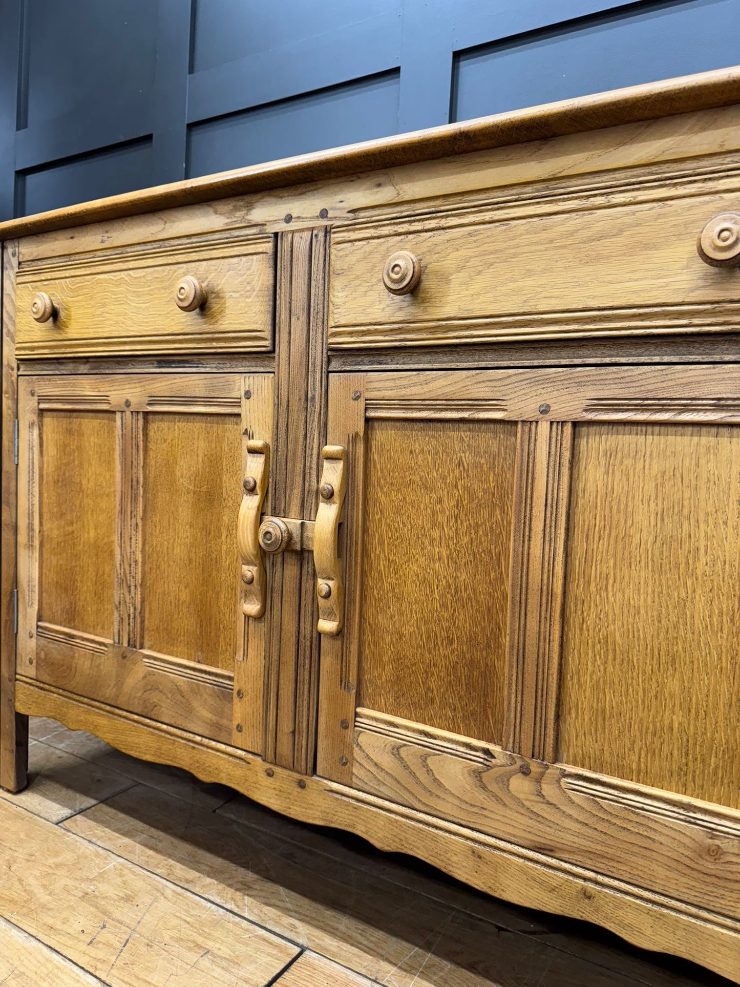 Vintage Ercol Elm Sideboard Cupboard with Drawers – Rustic Waxed Finish
