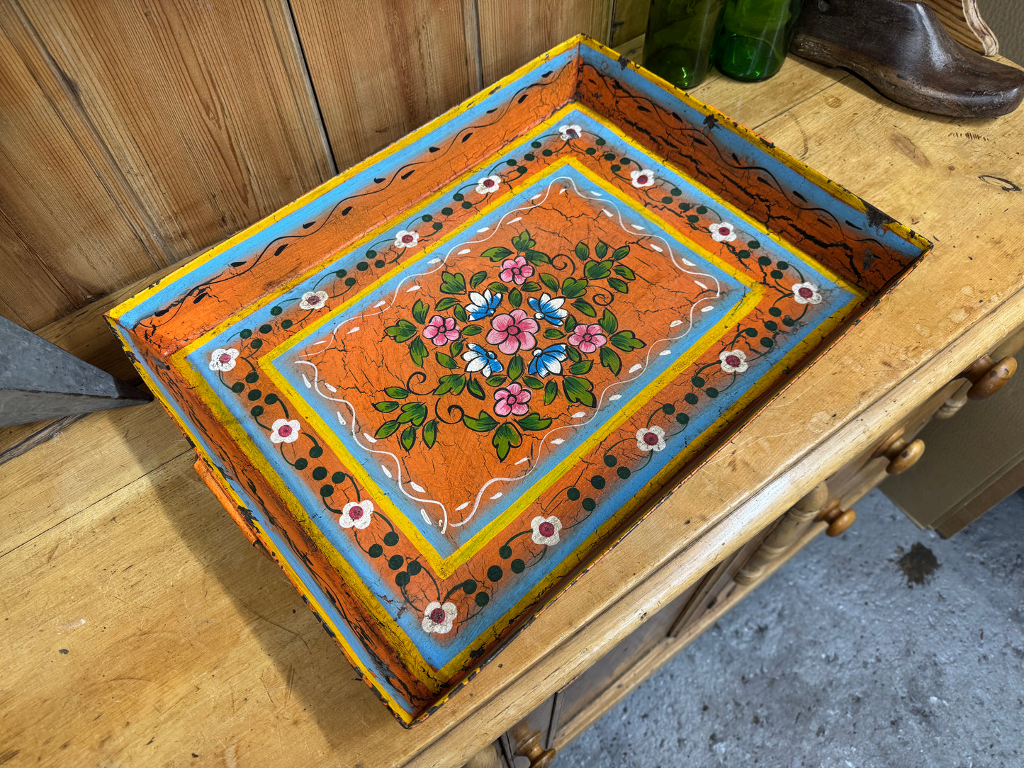 Rustic Vintage Metal Hand Painted Tray / Bread Antipasti Board / Decorative Storage / Serving Lap Tray / Narrow Boat / Gypsy / Fruit Bowl / Table Center Piece