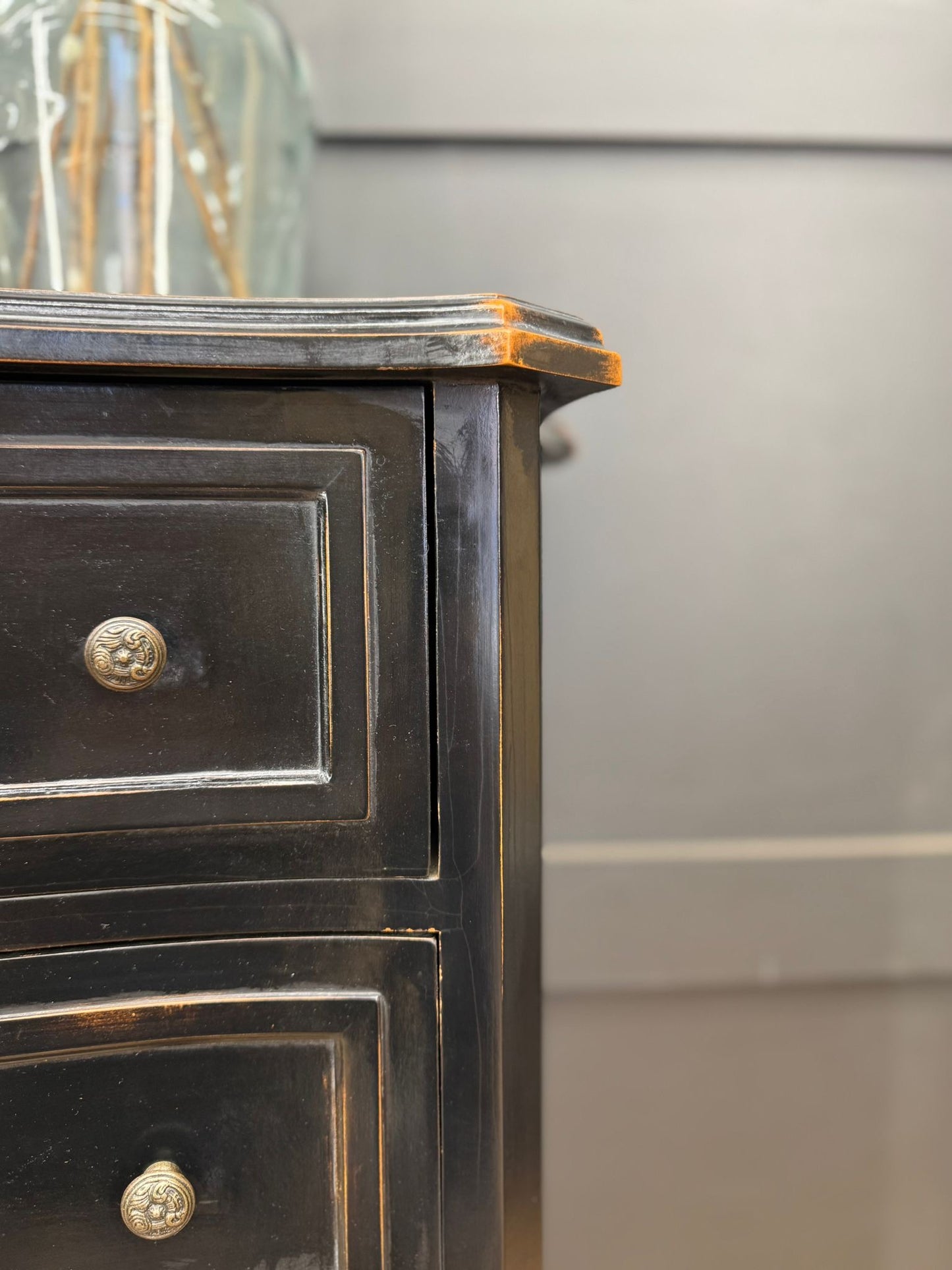 French Style Black Serpentine Chest of Drawers Vintage Rococo Distressed