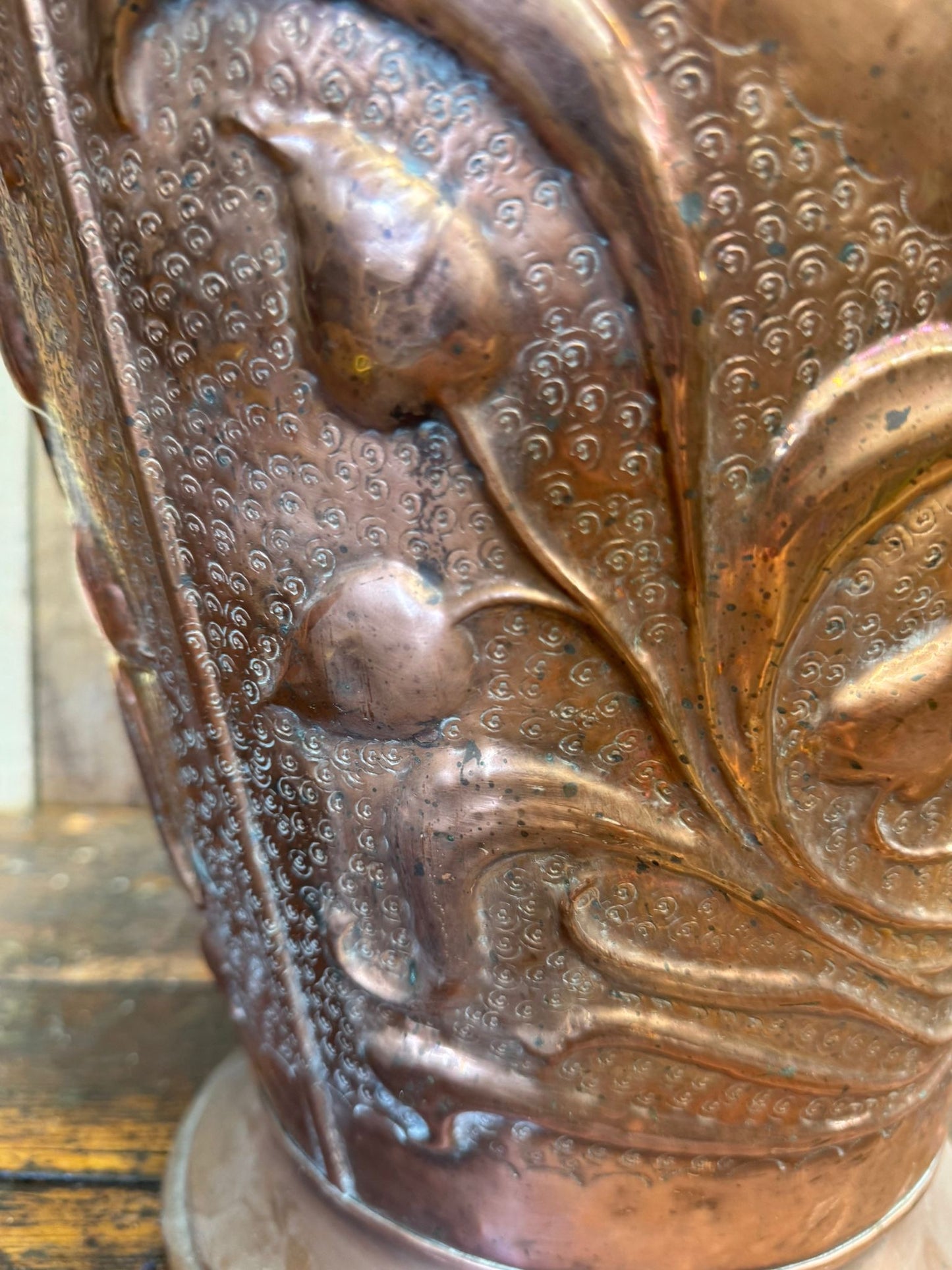 Antique Art Nouveau Embossed Copper Coal Scuttle Bucket with Brass Handle 39.5cm