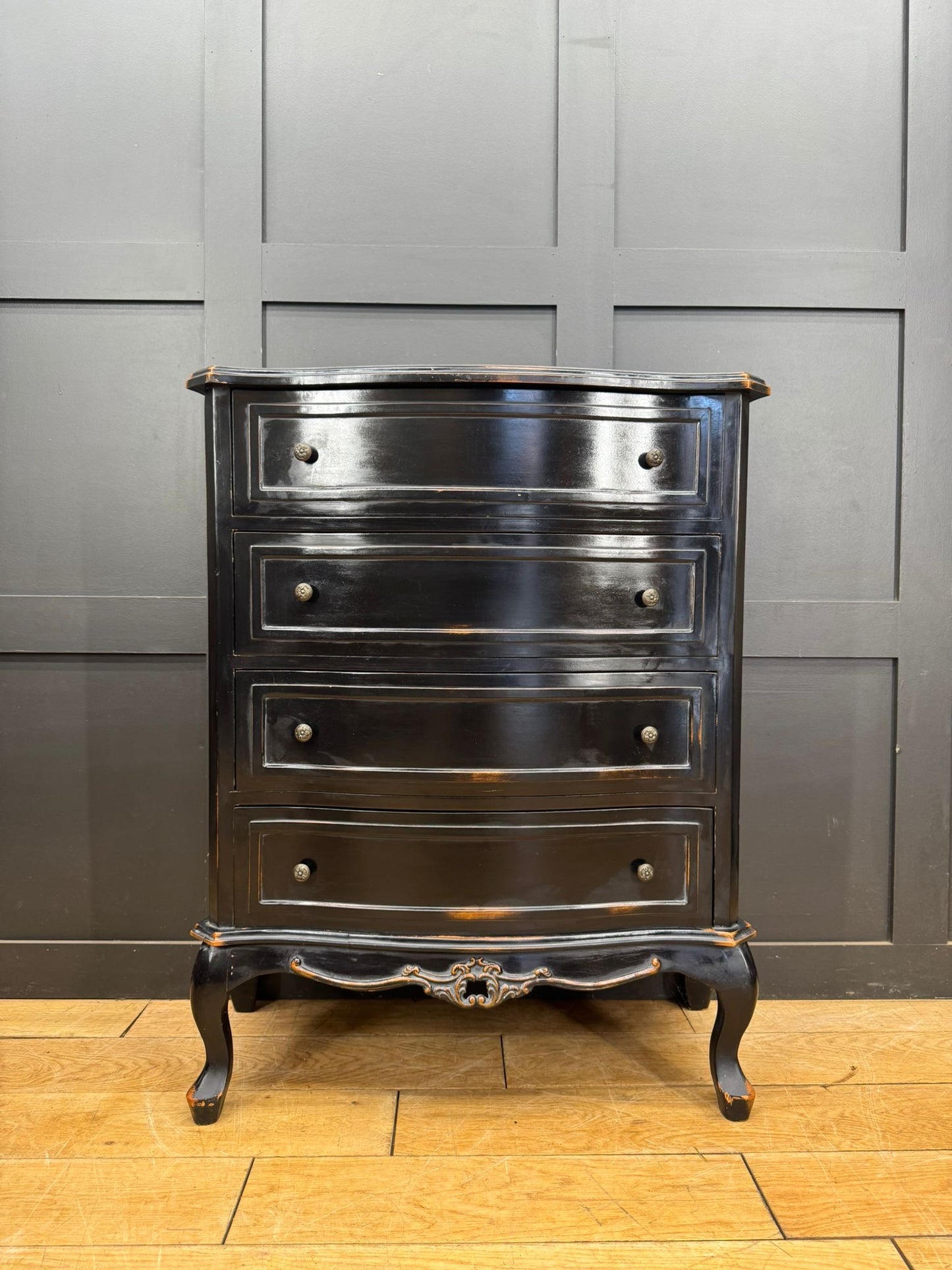 French Style Black Serpentine Chest of Drawers Vintage Rococo Distressed