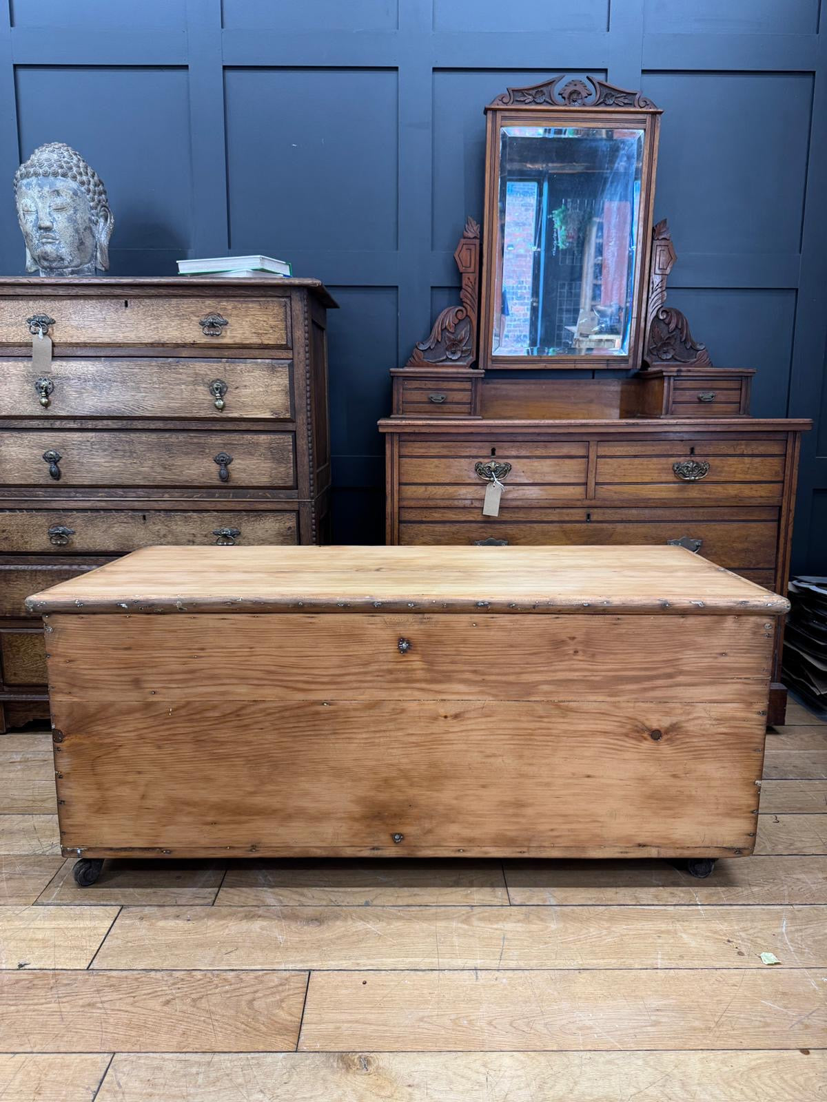 Antique Pine Chest on Wheels – 19thC Storage Trunk Blanket Box Coffee Table