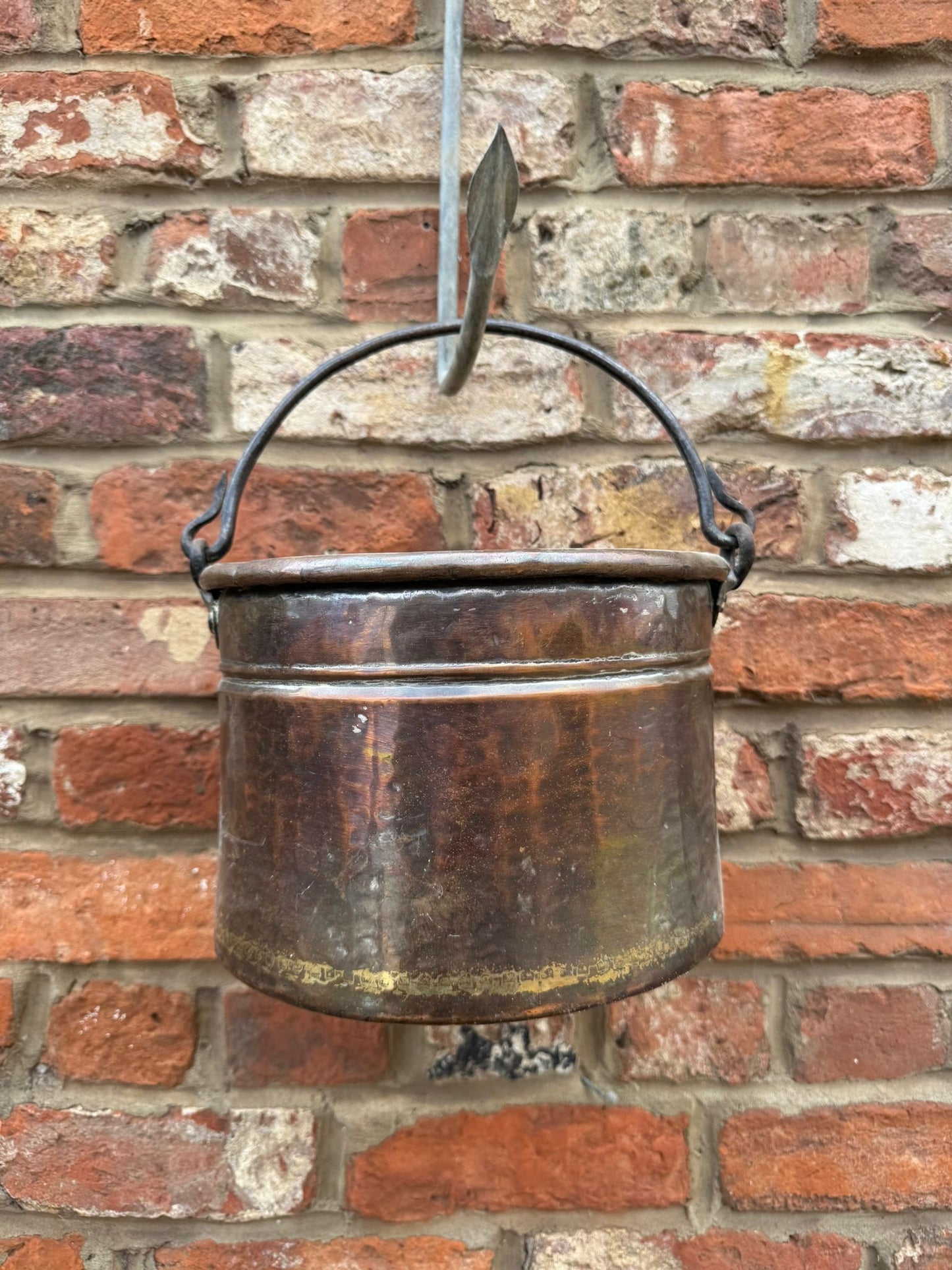 Antique Copper Cauldron Pot with Riveted Iron Handle & Dovetail Planter Pot B