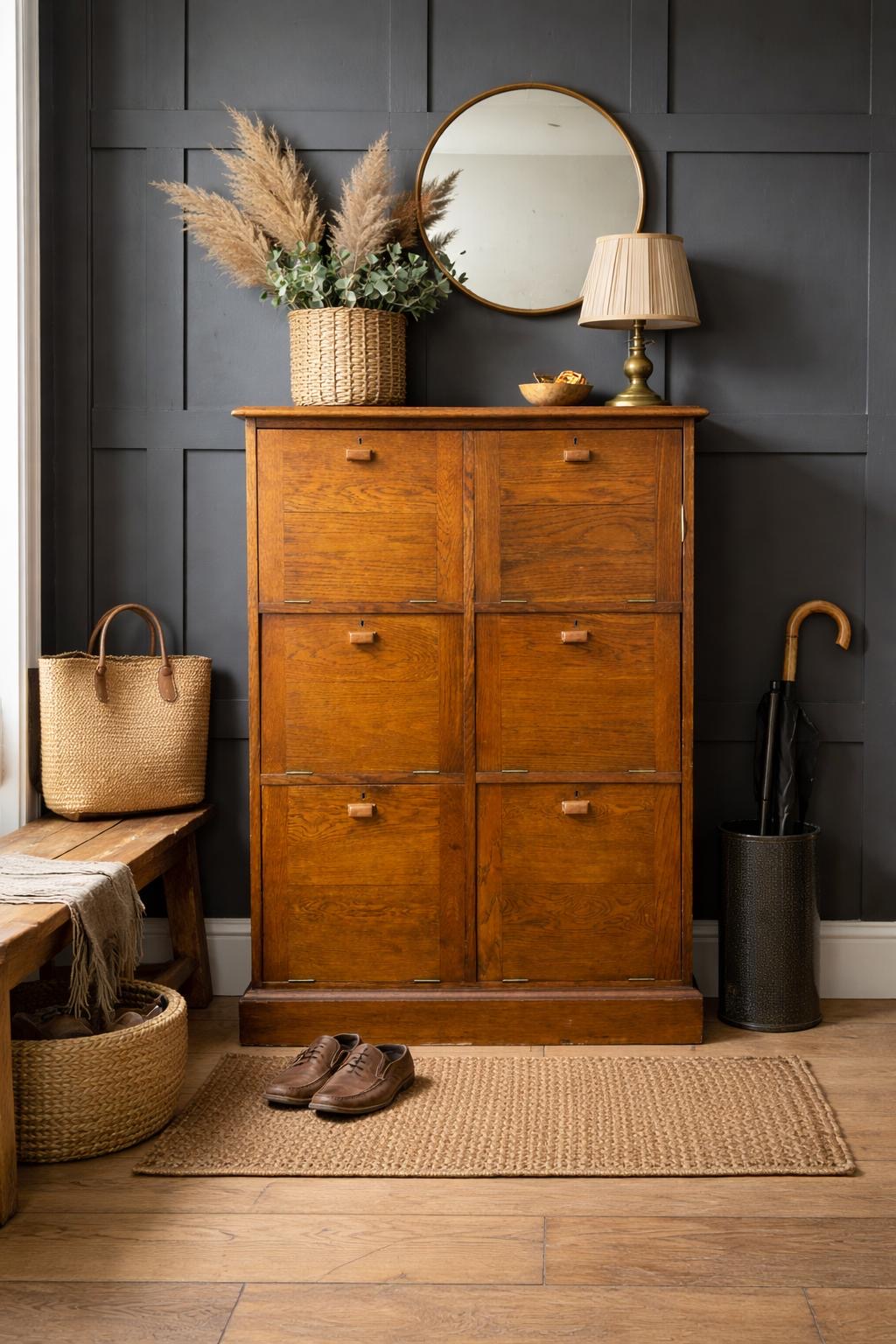 Antique Oak School Lockers Hall Cupboard Shoe Storage Kitchen Drinks Cabinet