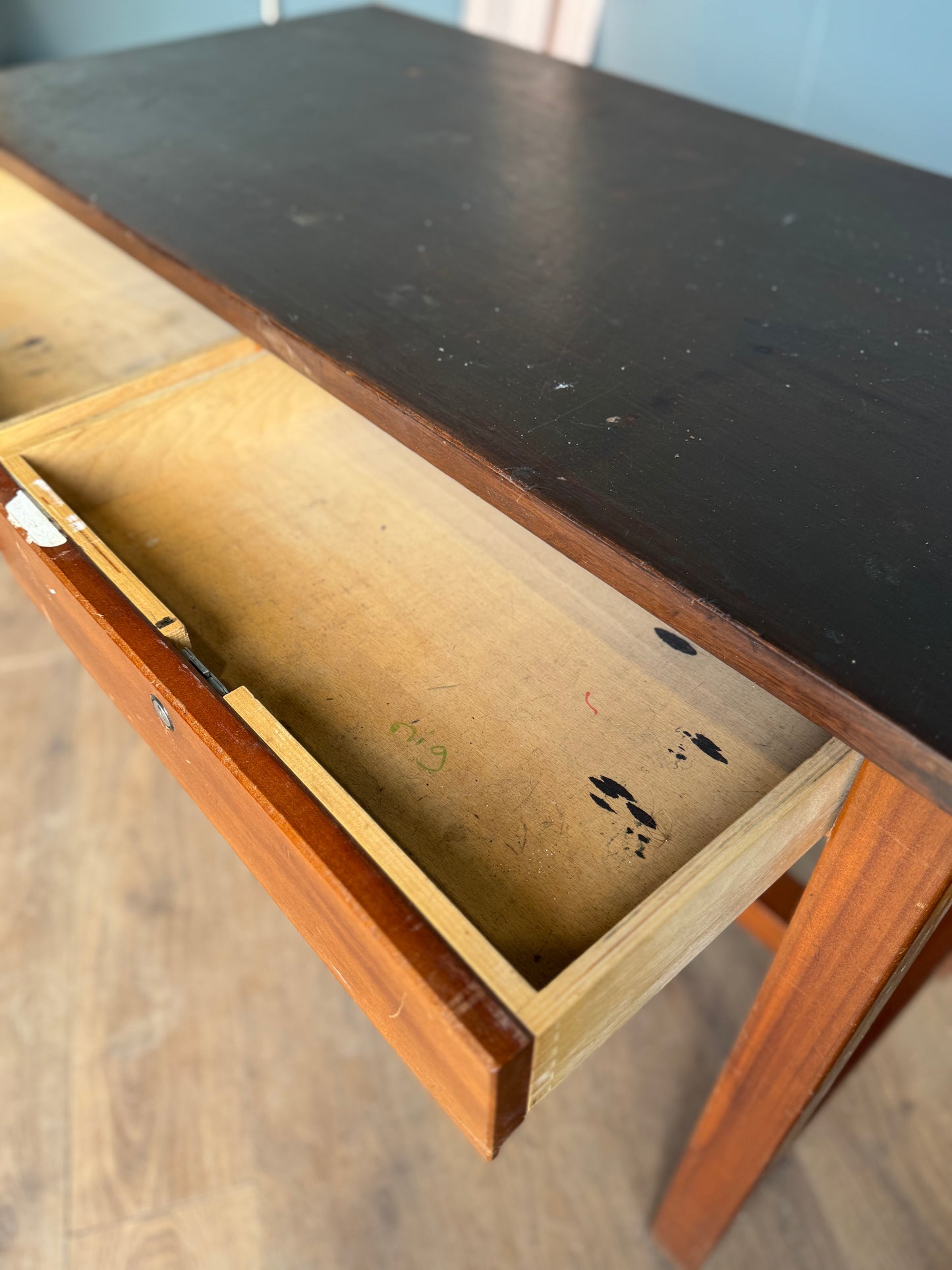 Vintage School Lab Bench Iroko Top Beech Frame Kitchen Island Table Desk drawers