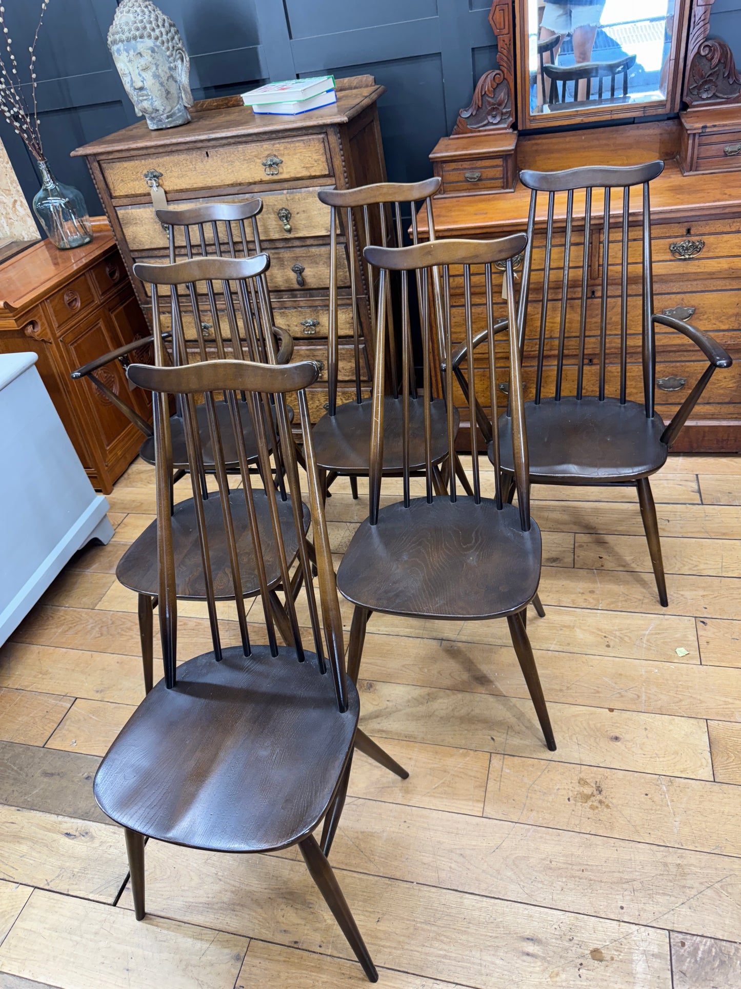 Set of 6 Vintage Ercol Goldsmith Dining Chairs / Retro kitchen Chairs Elm Beech