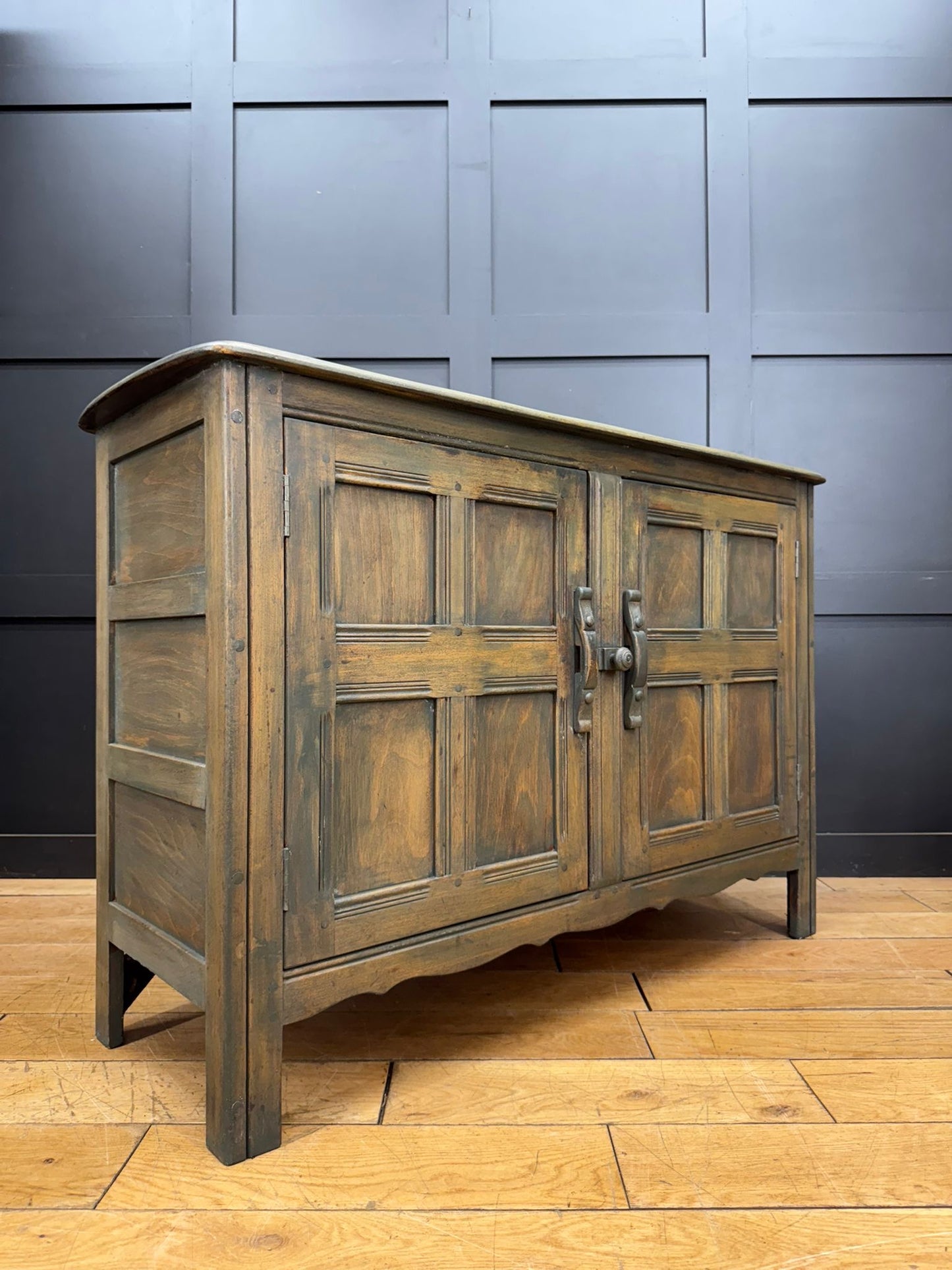 Vintage Ercol Elm Sideboard Cupboard with Drawers – Rustic Green Washed Finish