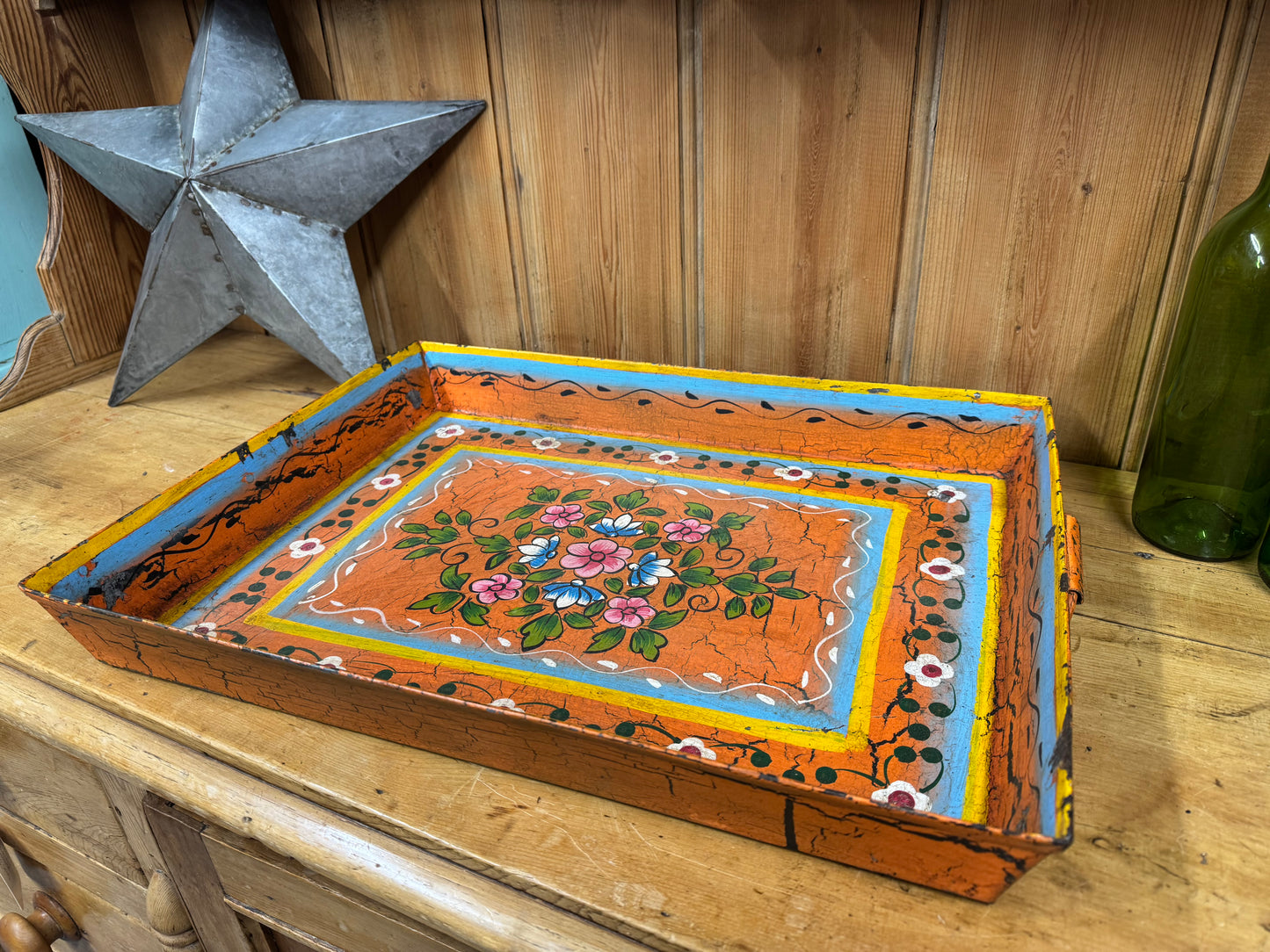 Rustic Vintage Metal Hand Painted Tray / Bread Antipasti Board / Decorative Storage / Serving Lap Tray / Narrow Boat / Gypsy / Fruit Bowl / Table Center Piece