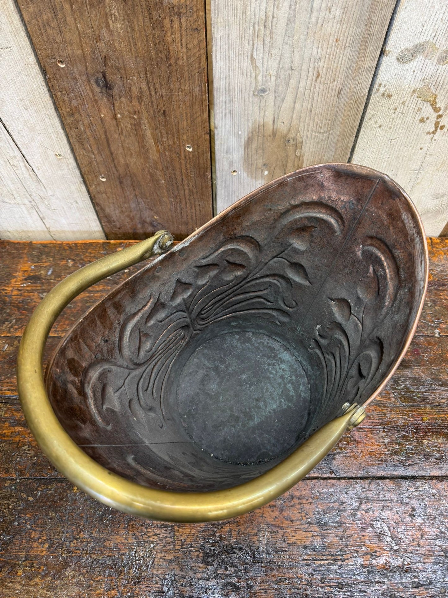 Antique Art Nouveau Embossed Copper Coal Scuttle Bucket with Brass Handle 39.5cm