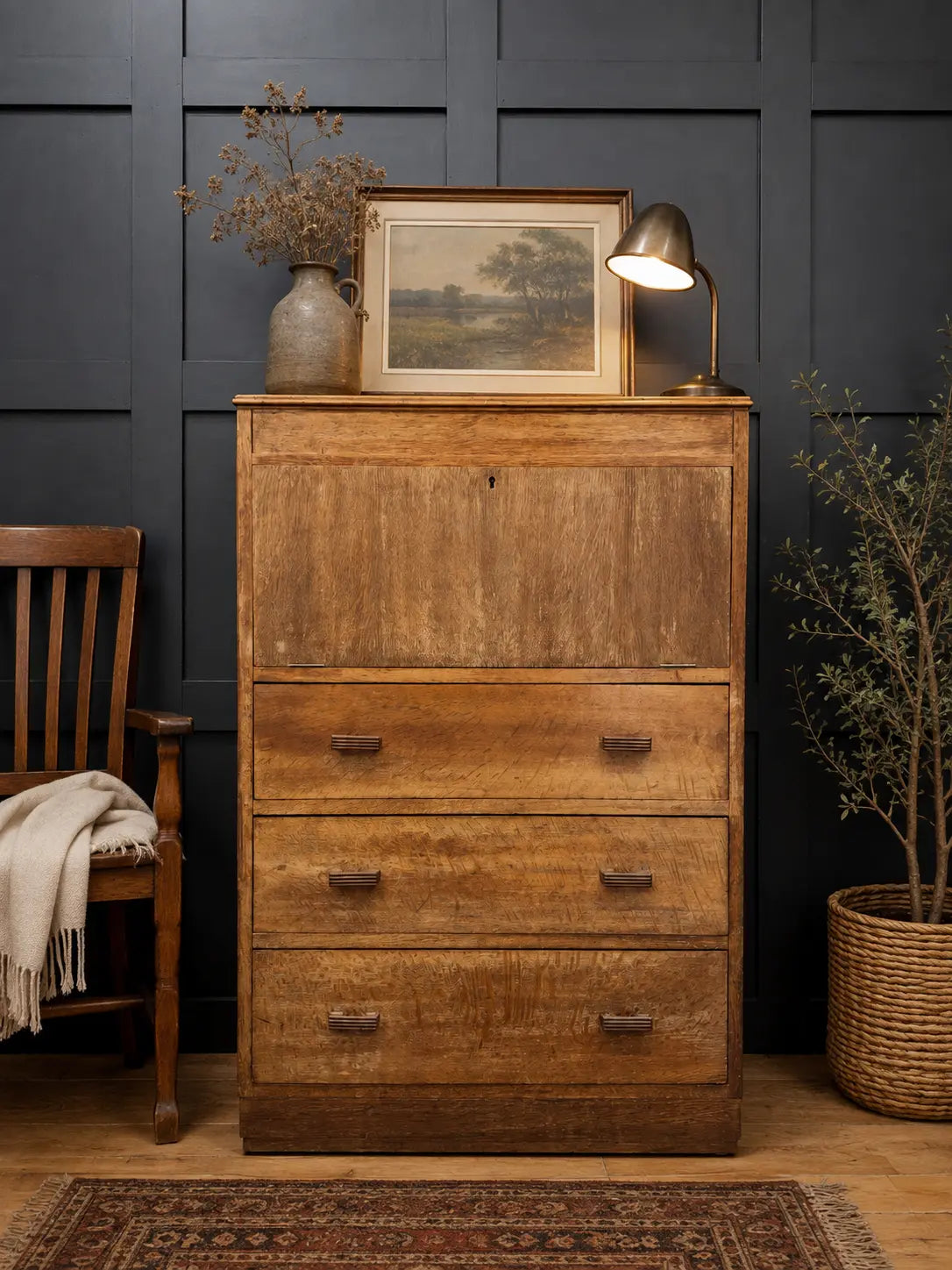 1930s Art Deco Limed Oak Bureau Chest of Drawers Writing Desk Mirror Tallboy